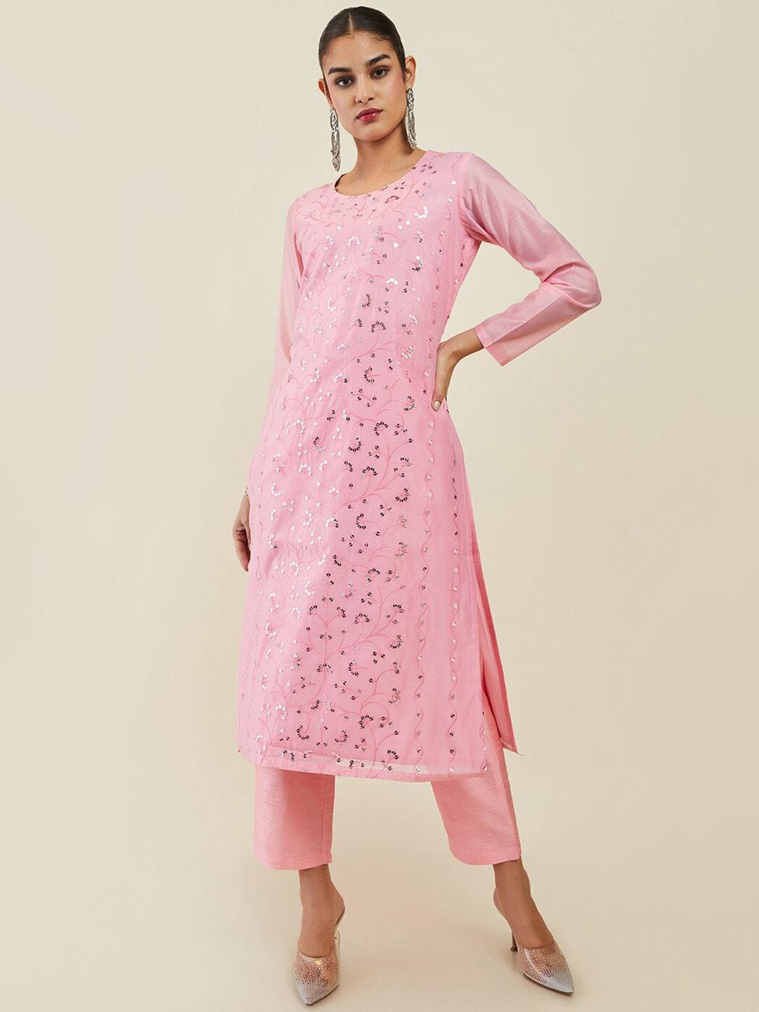 soch-women-floral-embroidered-sequined-chanderi-silk-kurta-with-trousers