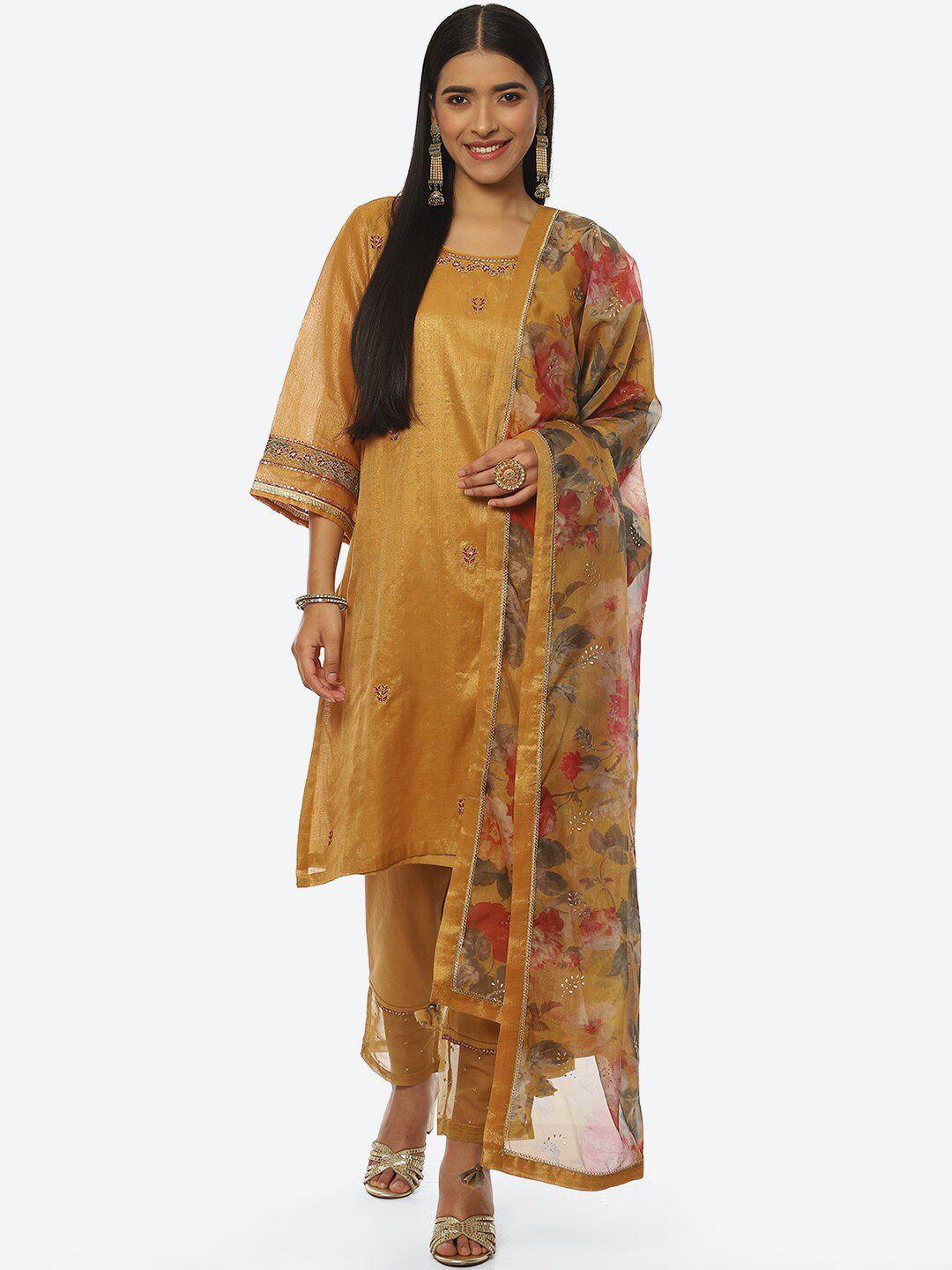 biba-women-embroidered-kurta-&-trousers-with-organza-dupatta