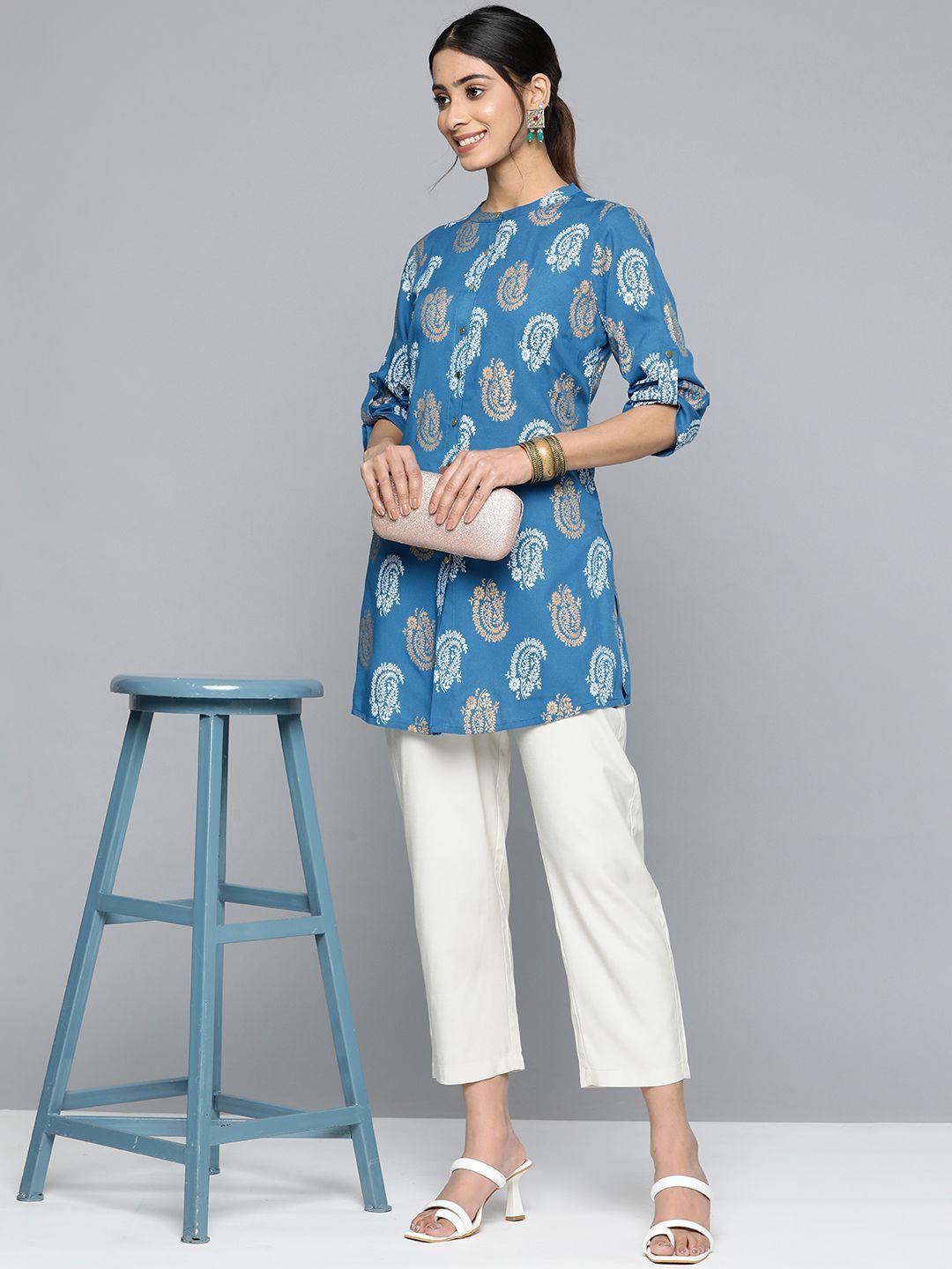 here&now-paisley-printed-band-collar-fit-&-flare-kurti