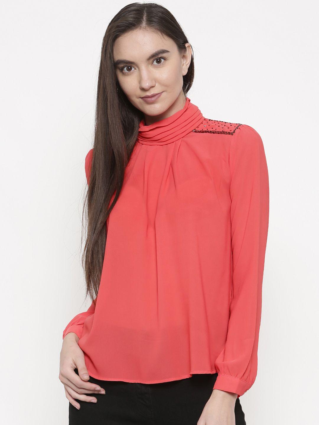 deal-jeans-women-coral-red-solid-top