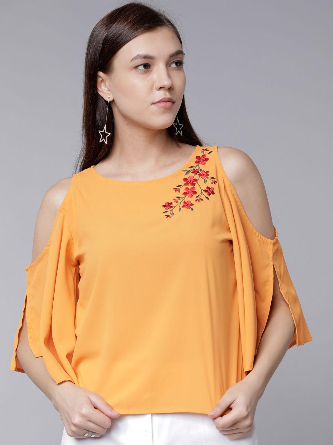 tokyo-talkies-women-mustard-yellow-solid-embroidered-a-line-top