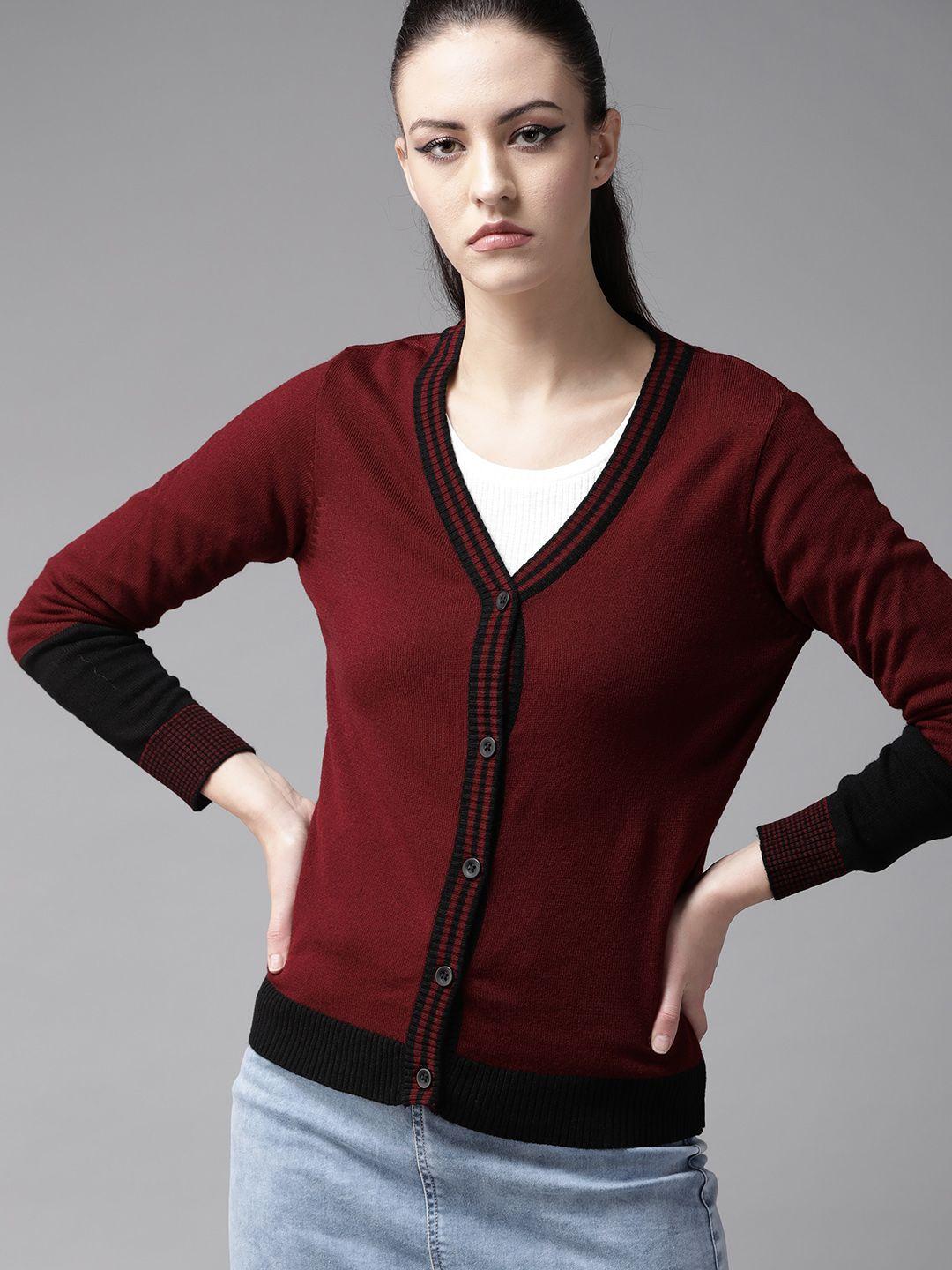 the-roadster-lifestyle-co-women-maroon-solid-cardigan