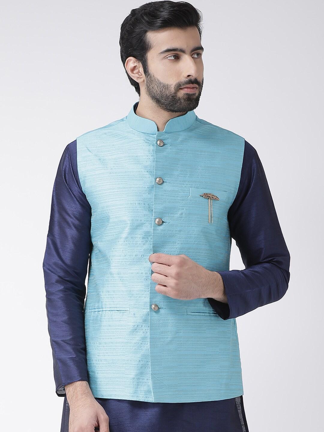 kisah-men-blue-woven-design-nehru-jacket