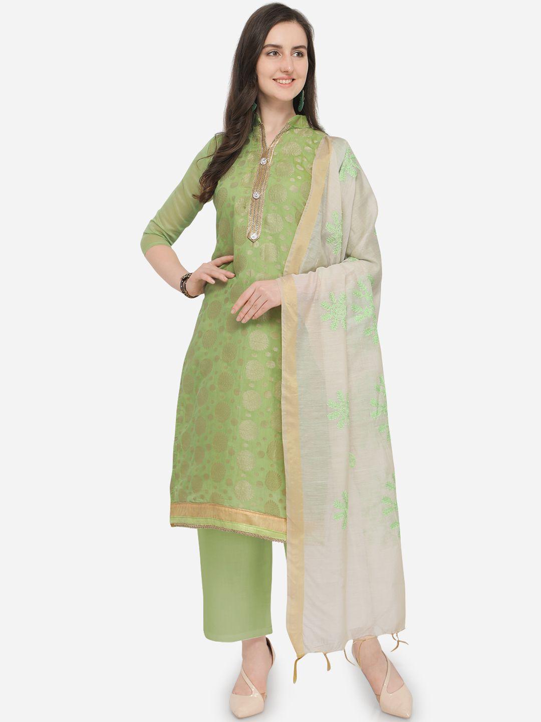 blissta-women-green-&-off-white-silk-blend-unstitched-dress-material