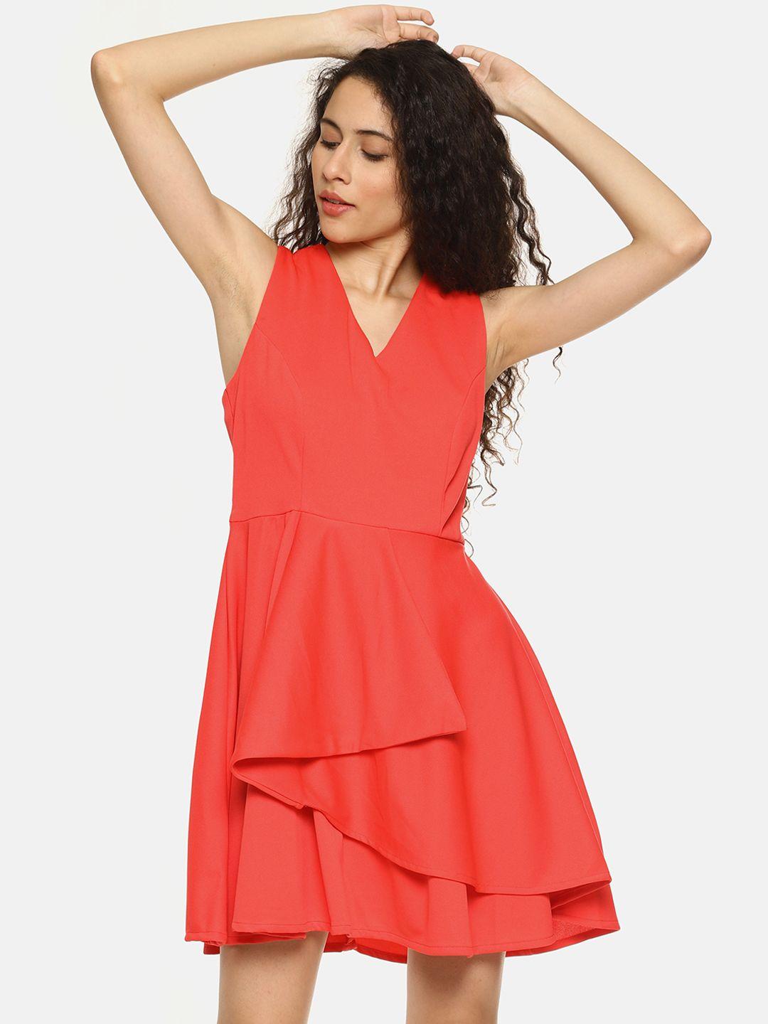aara-women-coral-orange-solid-fit-and-flare-dress
