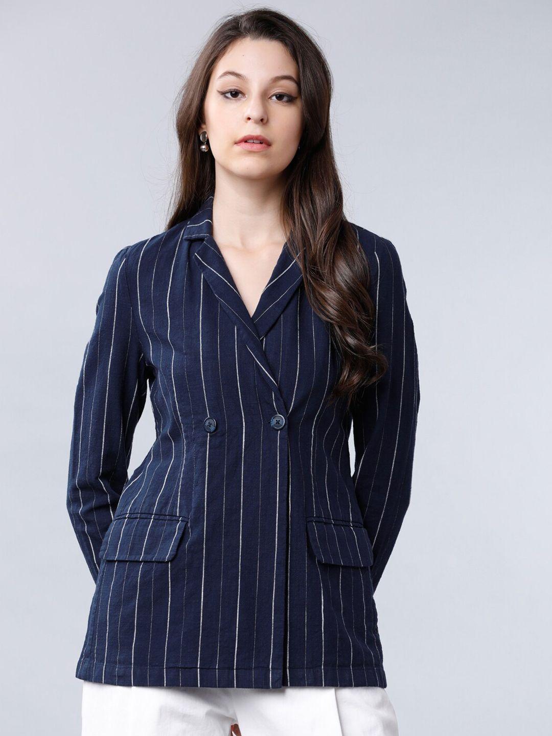 tokyo-talkies-women-navy-blue-striped-double-breasted-casual-pure-cotton-blazer