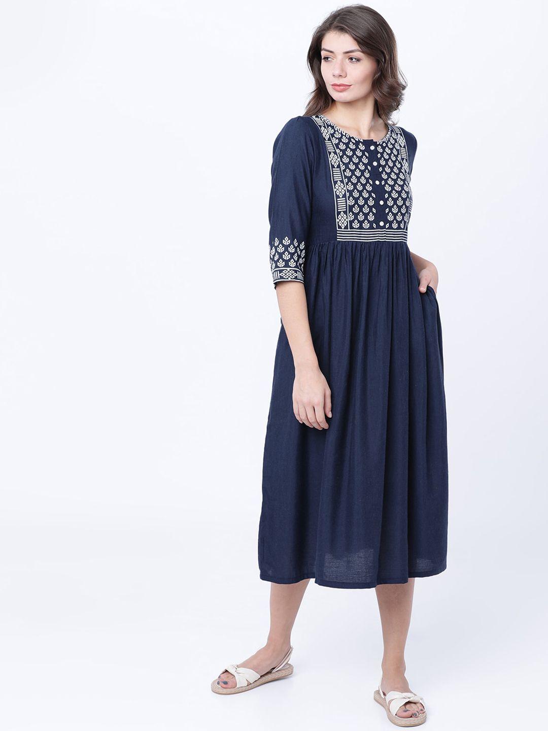 vishudh-women-navy-blue-printed-fit-and-flare-dress