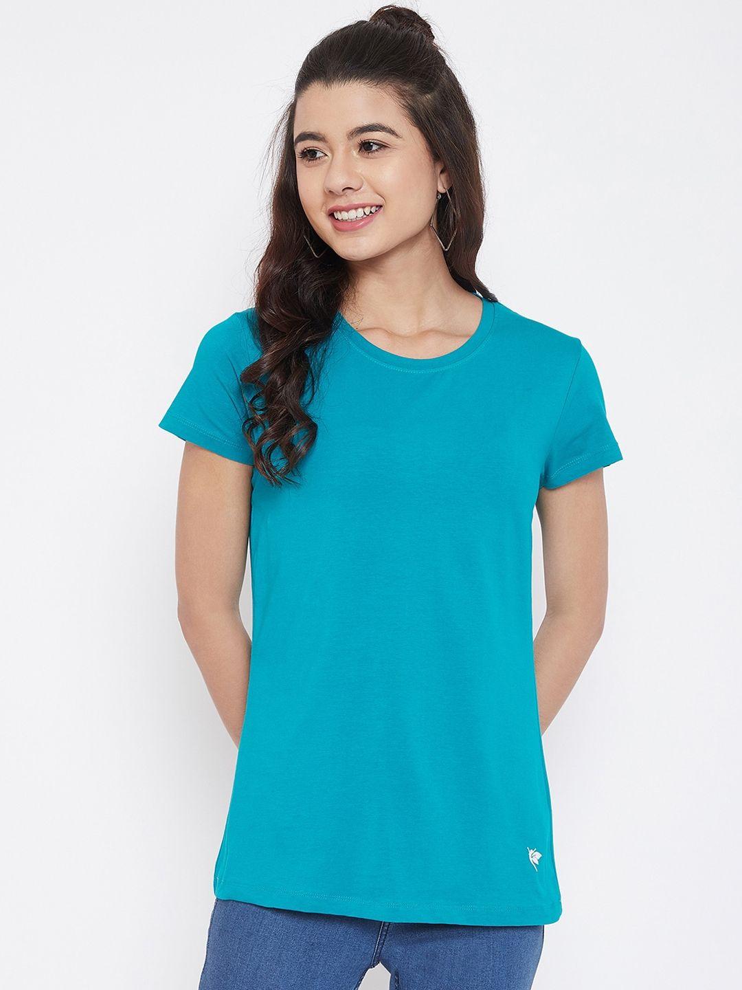 camey-women-teal-solid-round-neck-t-shirt