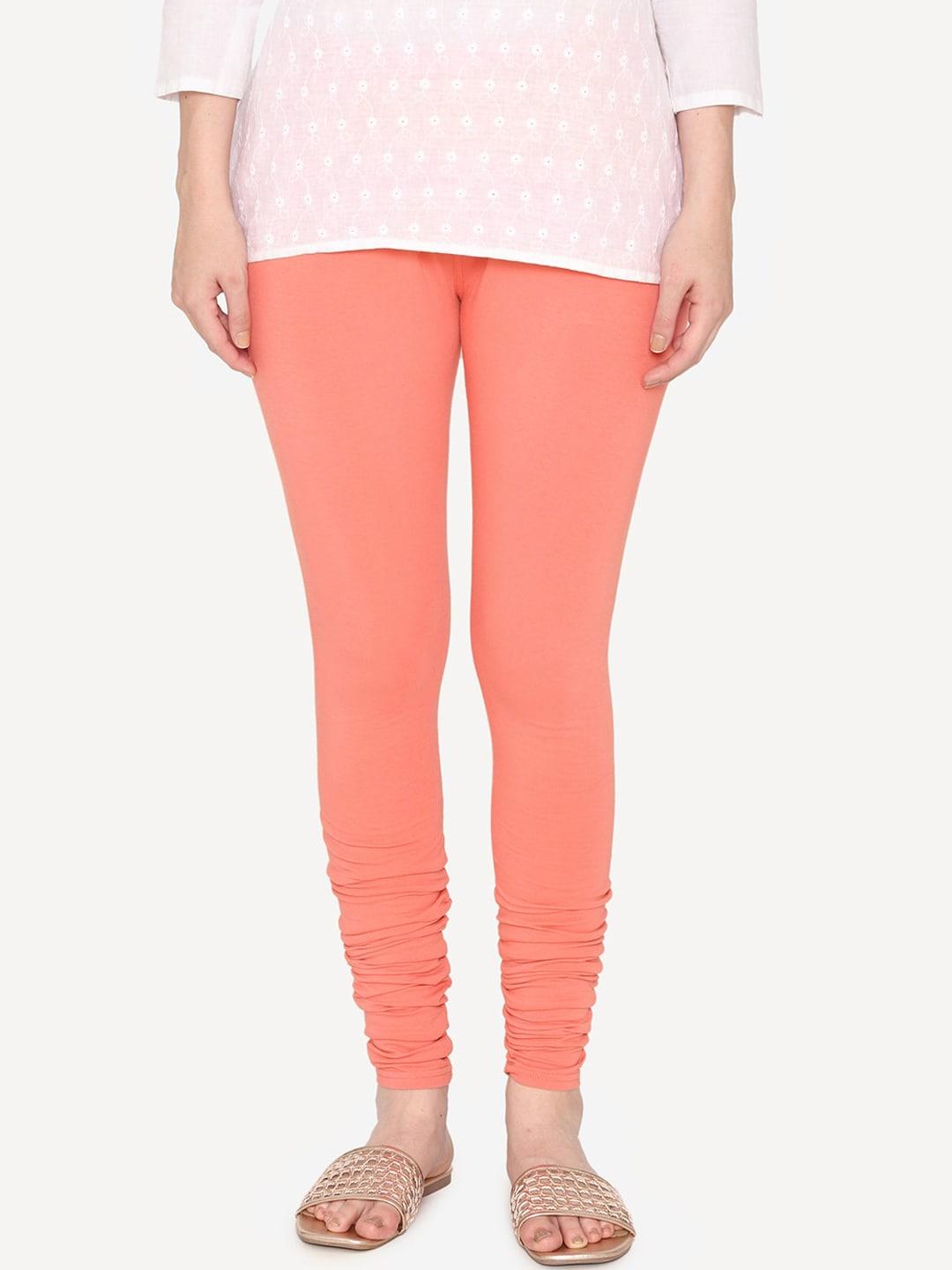 vami-women-peach-coloured-cotton-solid-churidar-length-leggings