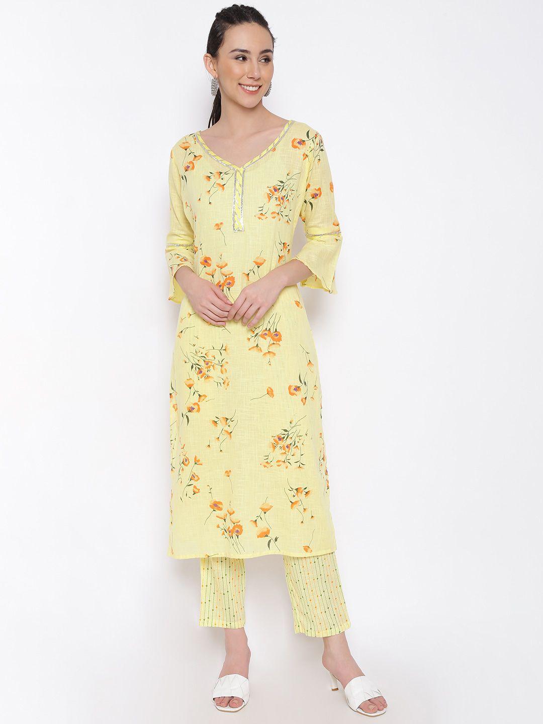 marc-louis-women-yellow-floral-printed-pure-cotton-kurta-with-palazzos