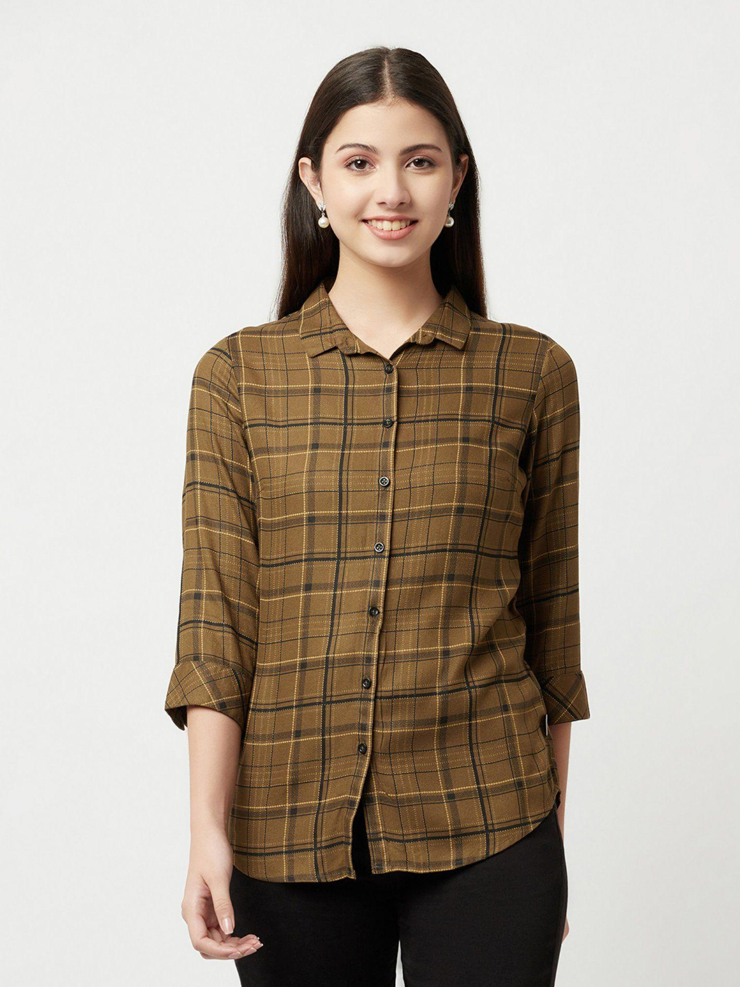 women-brown-tartan-checked-shirt