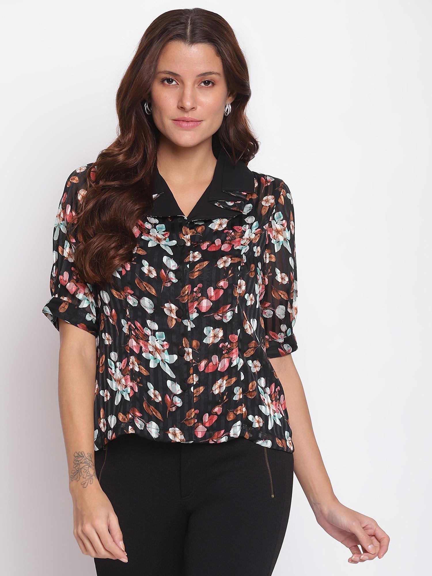 floral-print-half-sleeve-casual-shirt-top-black