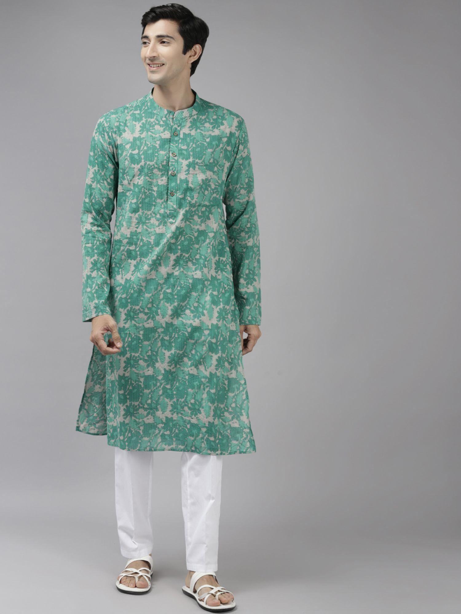 men-green-&-beige-printed-pure-cotton-straight-kurta