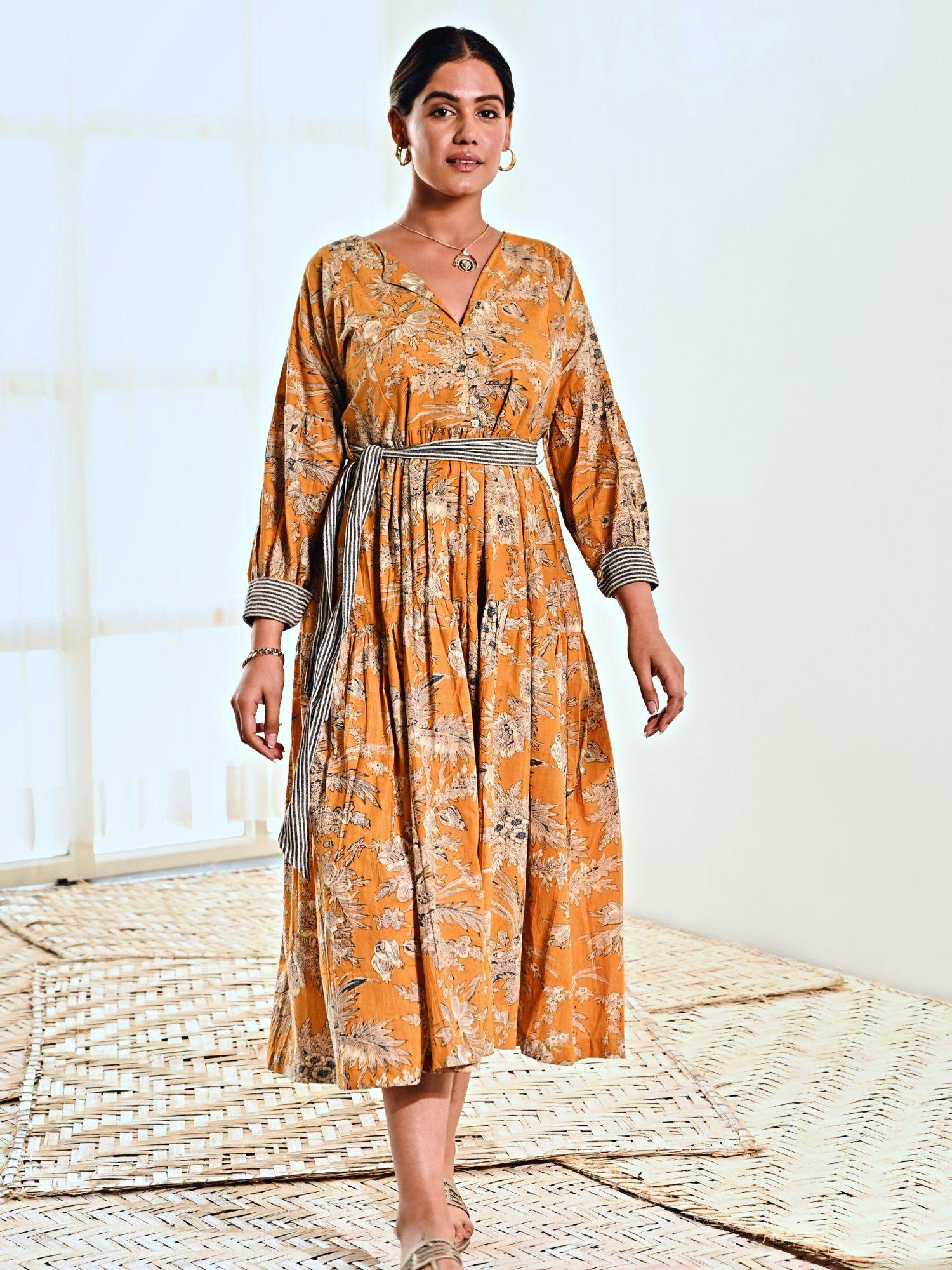 yellow-cotton-floral-print-maxi-long-dress-with-belt-(set-of-2)
