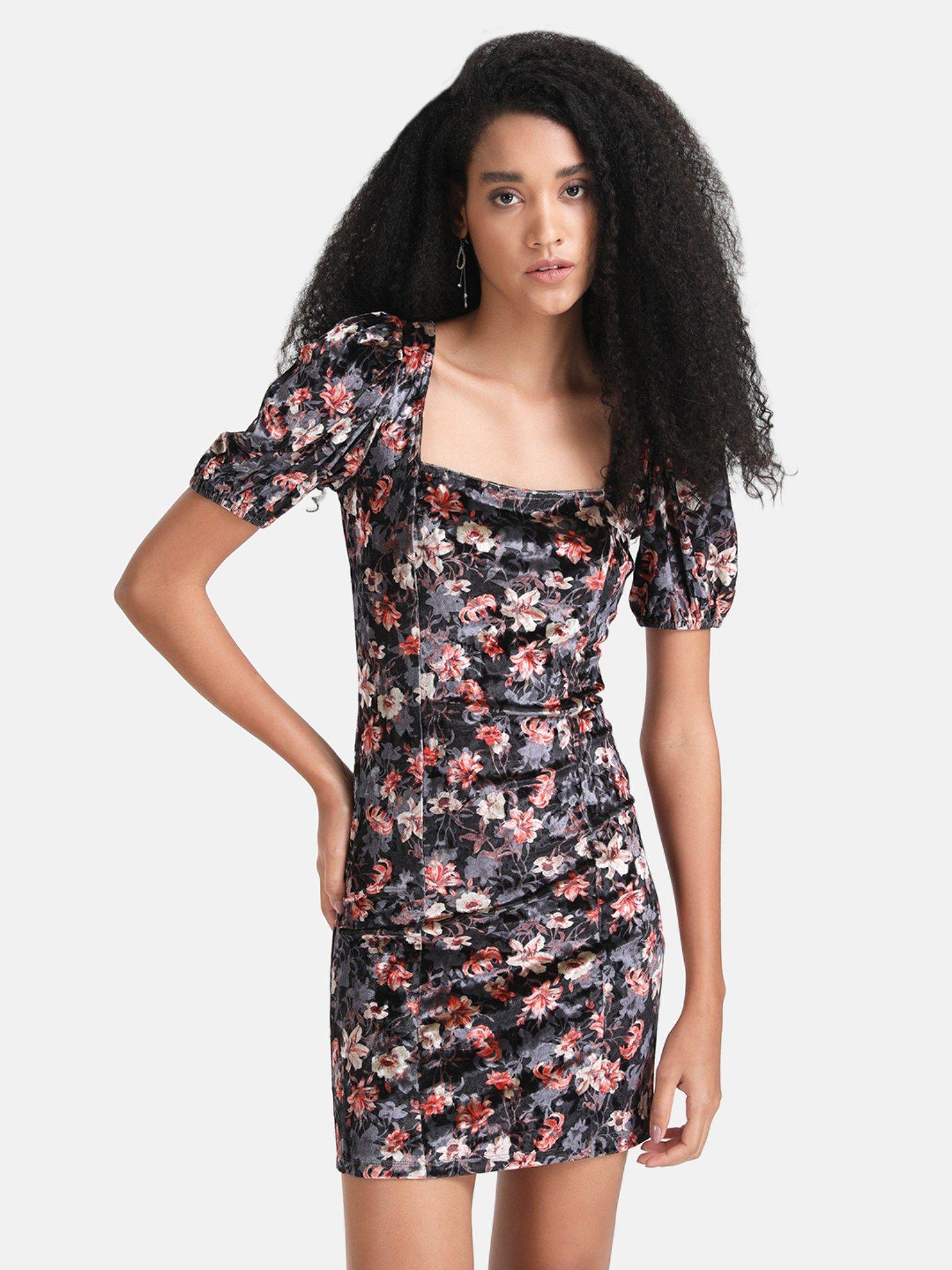 black-floral-printed-square-neck-velvet-mini-dress