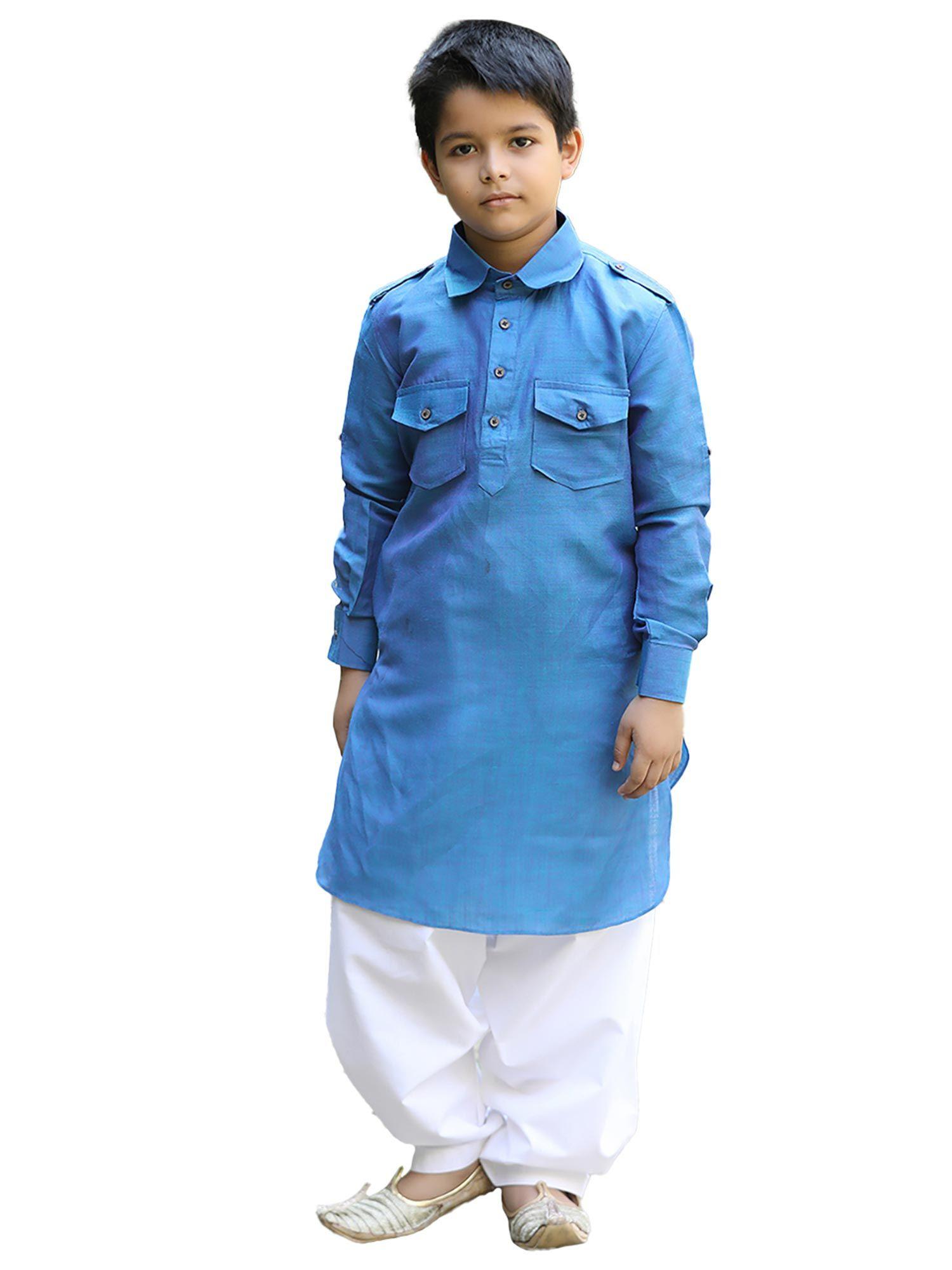 boys-blue-blended-cotton-plain-kurta-patiala-(set-of-2)