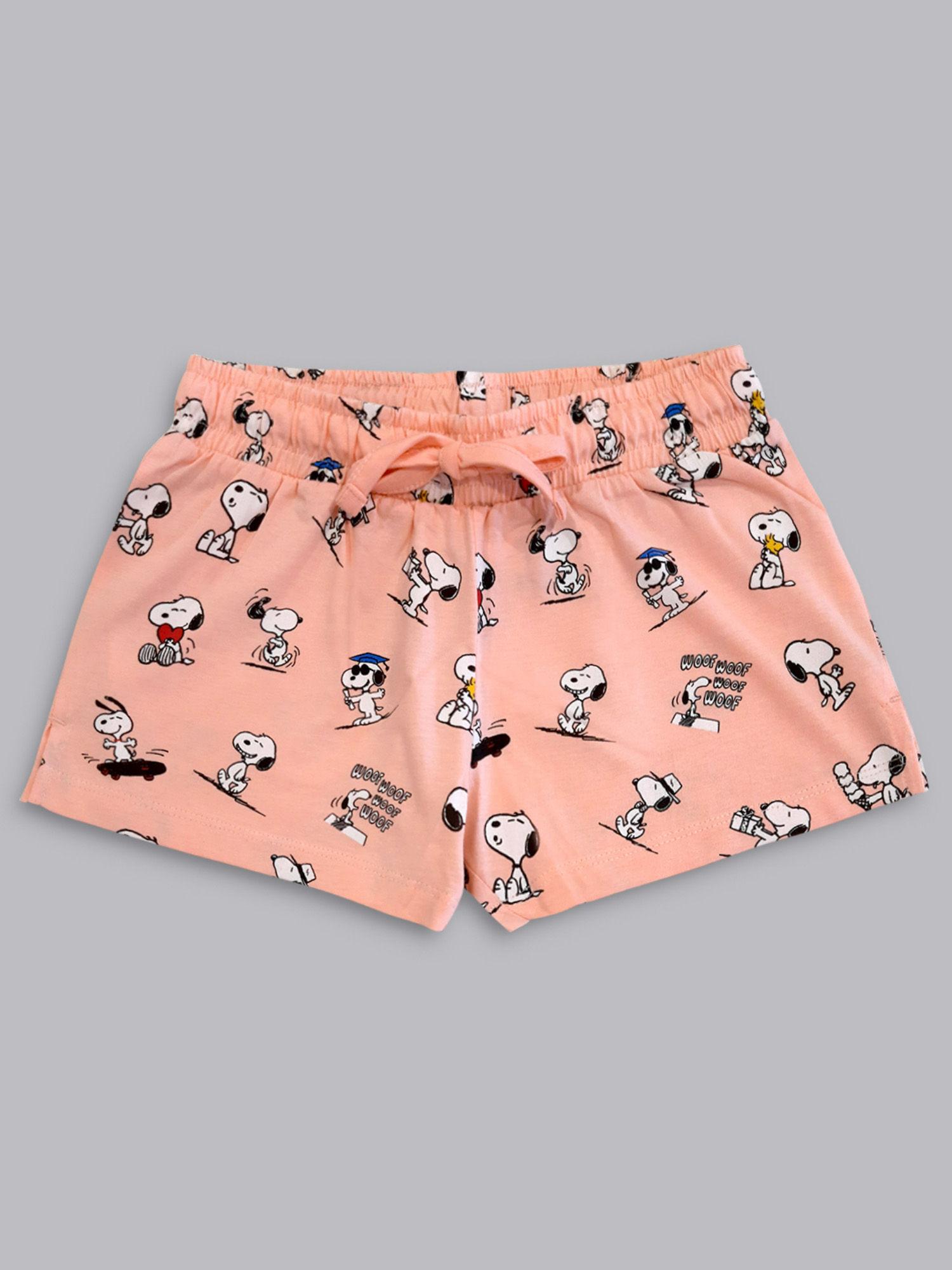 peanuts-printed-shorts-for-girls---peach