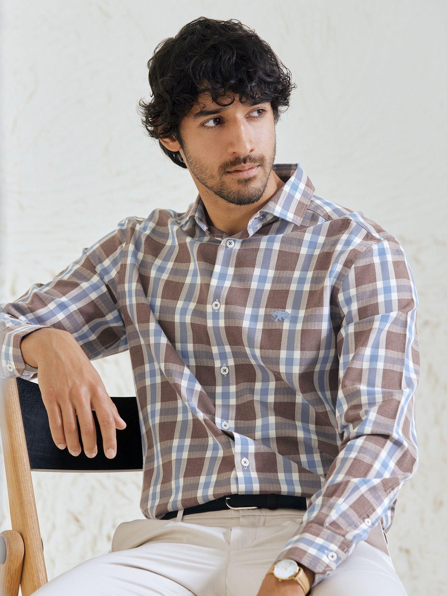 men-brown-cutaway-collar-slim-shirt