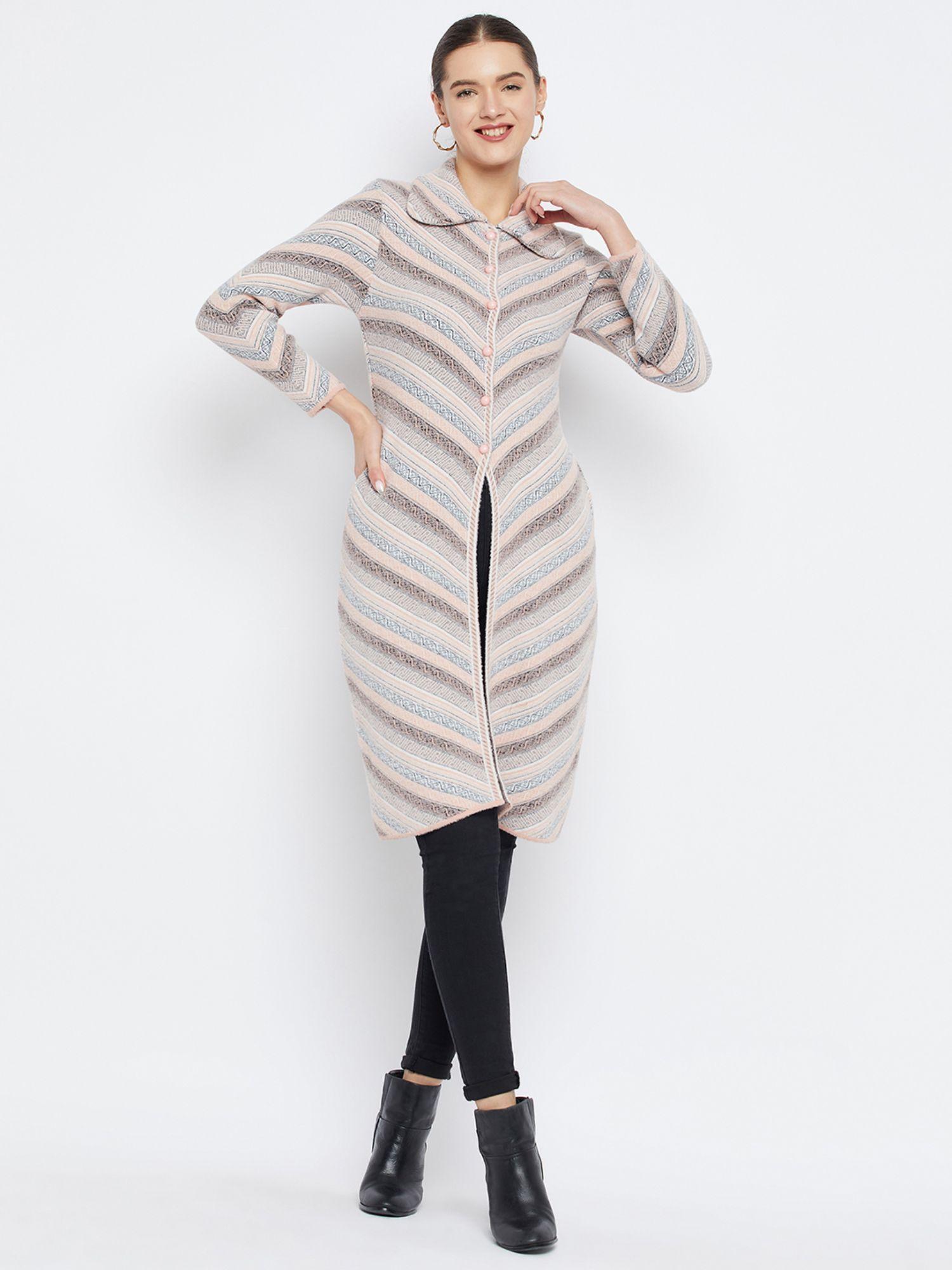 women-winterwear-striper-peach-woollen-over-long-cardigan