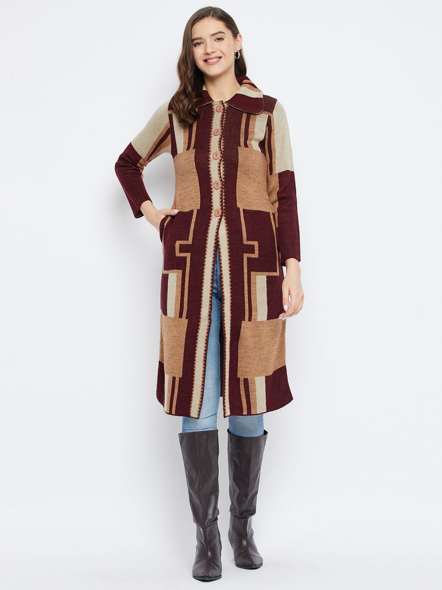 women-winterwear-self-design-maroon-long-cardigan