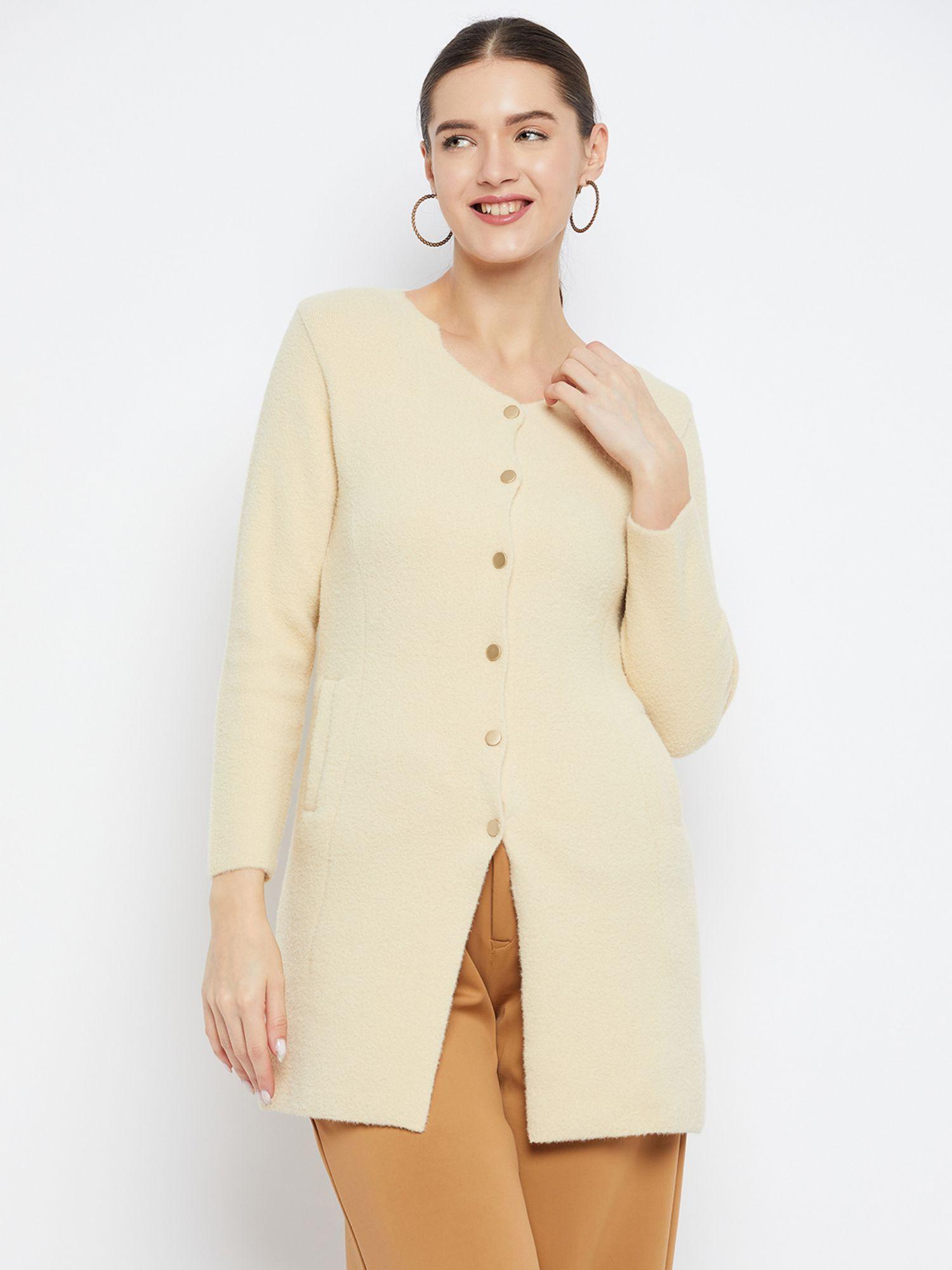 women-winterwear-solid-beige-long-line-woollen-cardigan