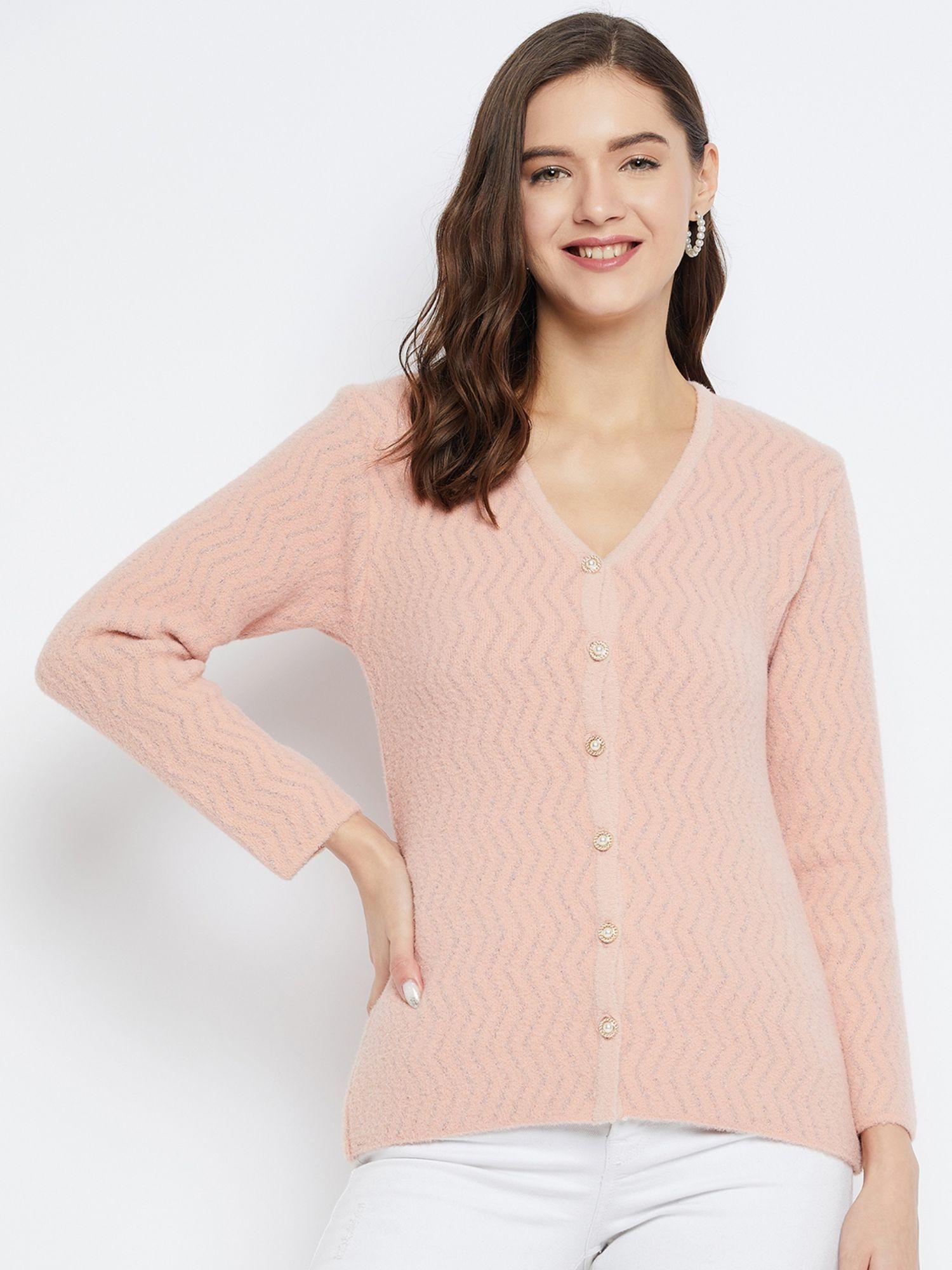 women-winterwear-self-design-peach-woollen-cardigan
