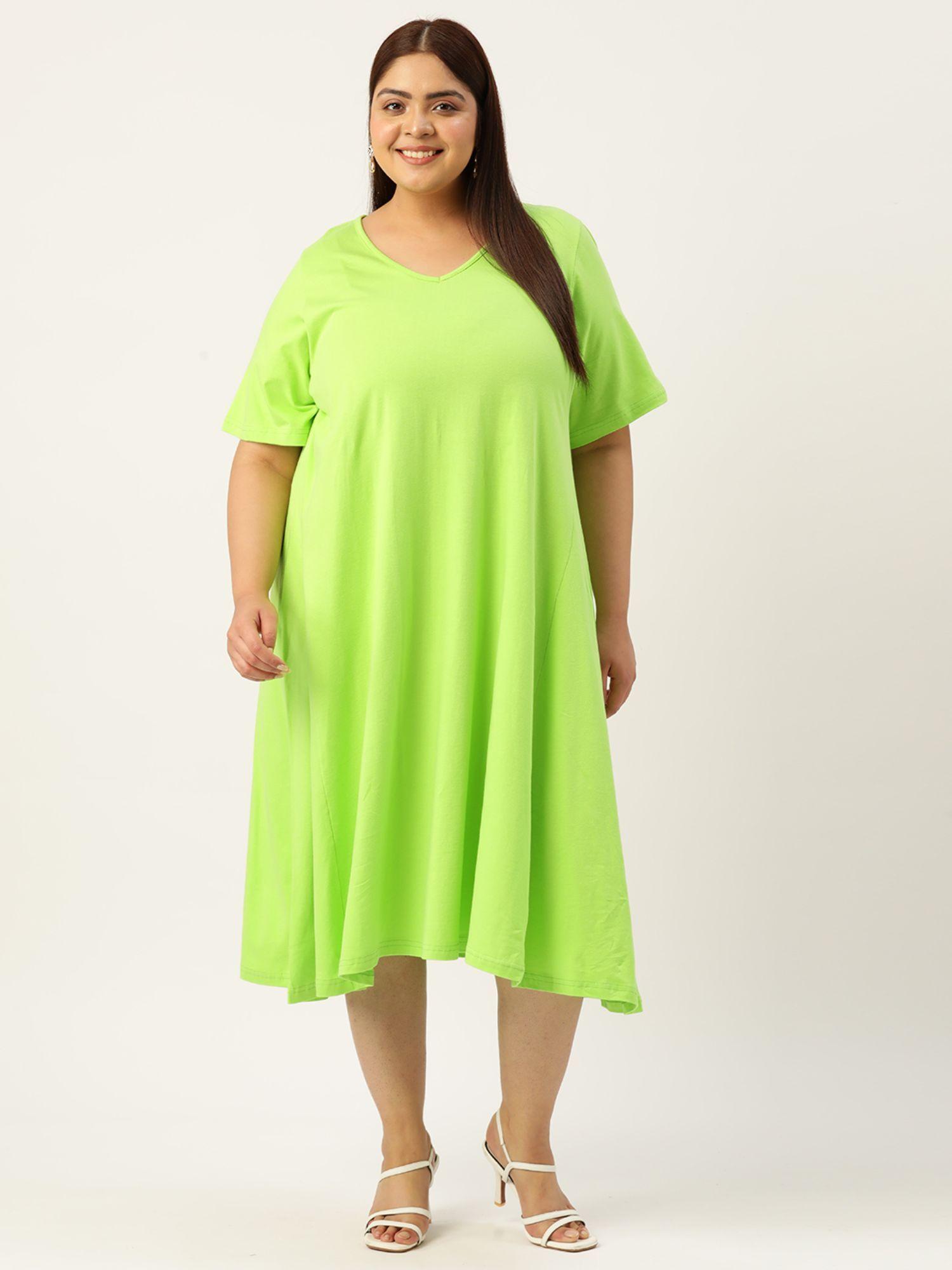 plus-size-womens-bright-green-solid-color-v-neck-midi-dress