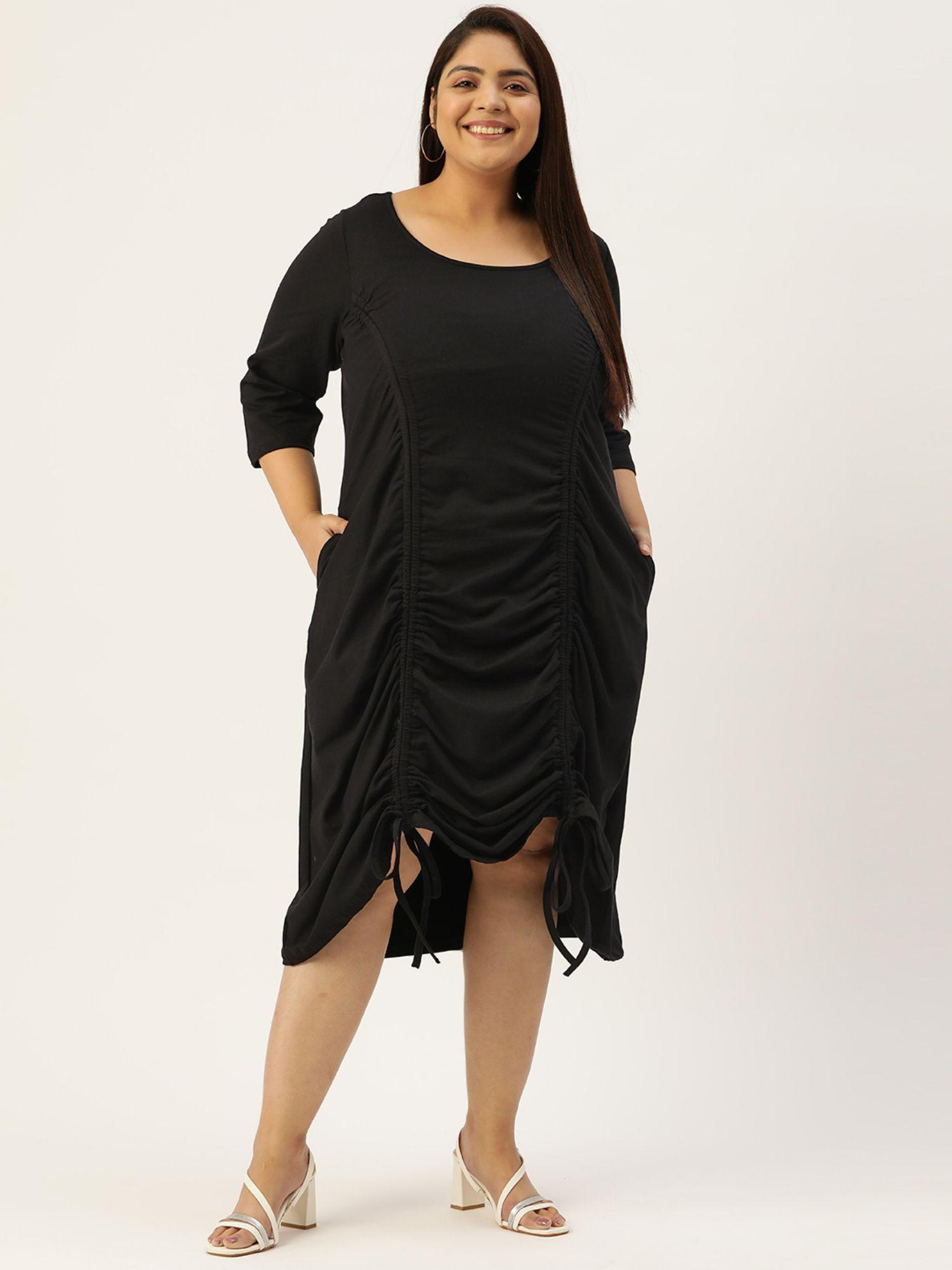 plus-size-women-black-solid-color-cotton-knitted-ruched-a-line-dress