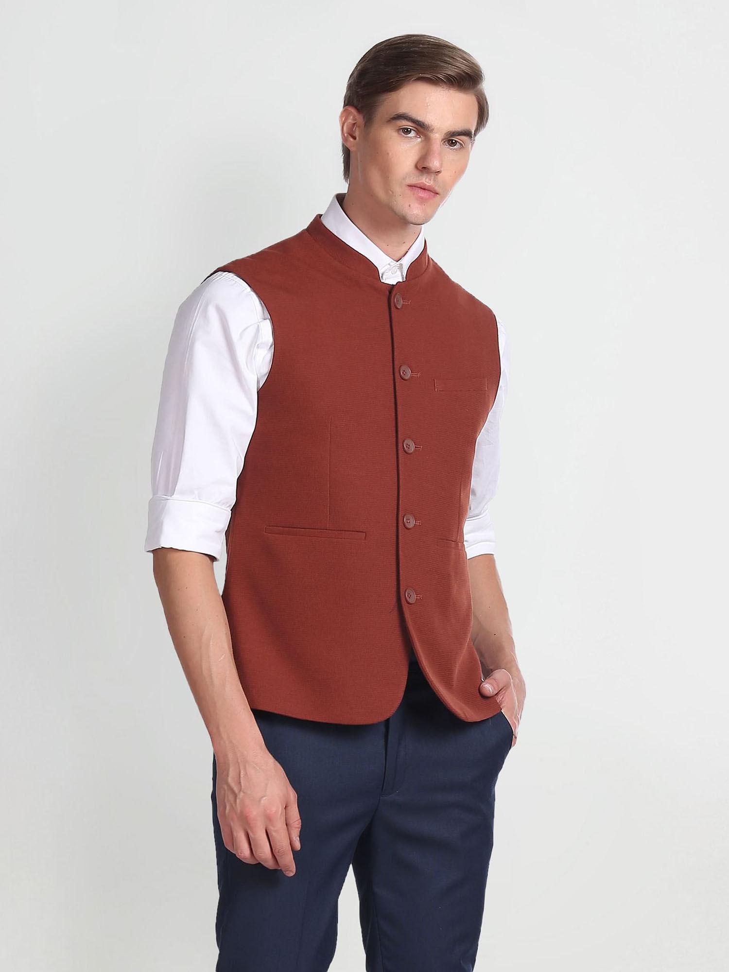 mandarin-collar-sleeveless-nehru-jacket-orange