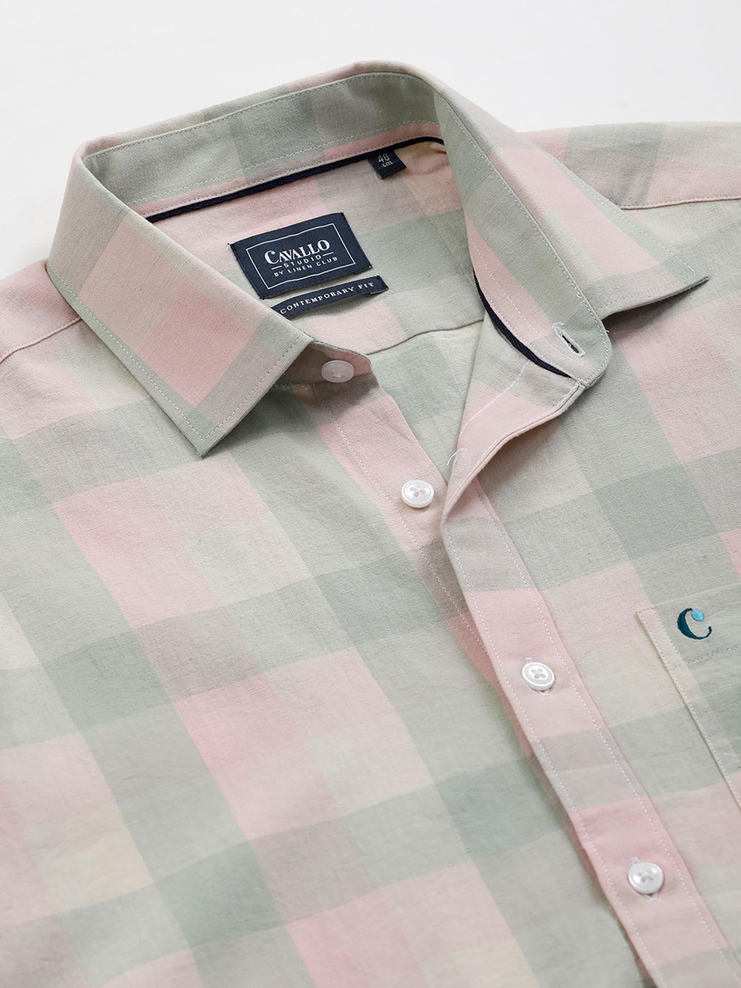 men's-cotton-linen-green-checks-slim-fit-half-sleeve-casual-shirt