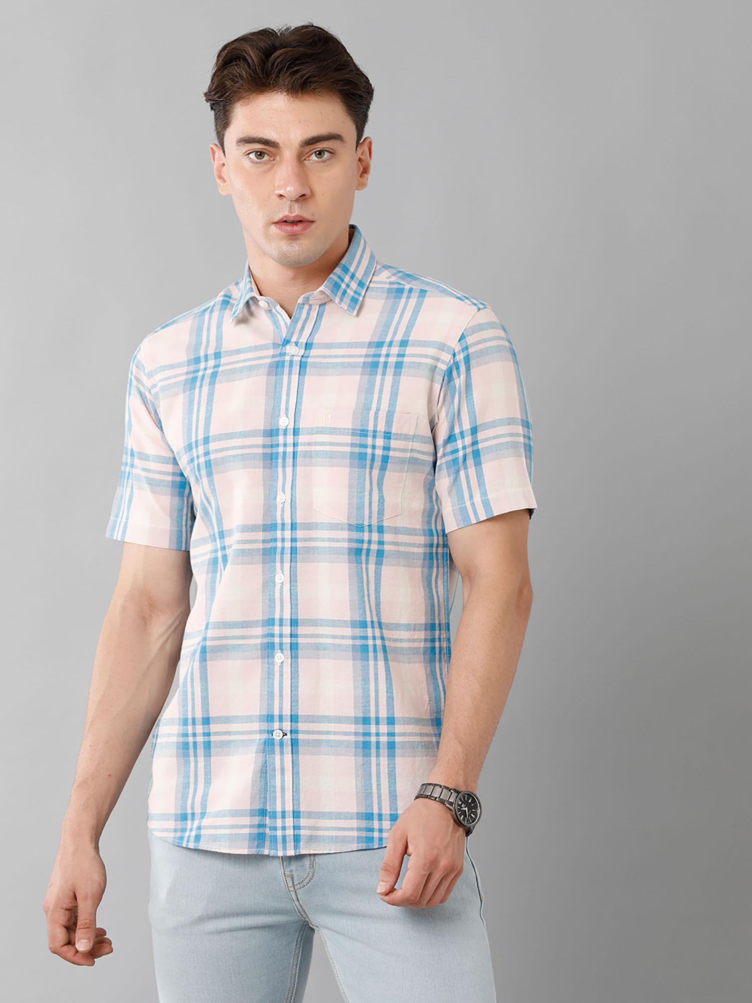 men's-cotton-linen-pink-checks-slim-fit-half-sleeve-casual-shirt