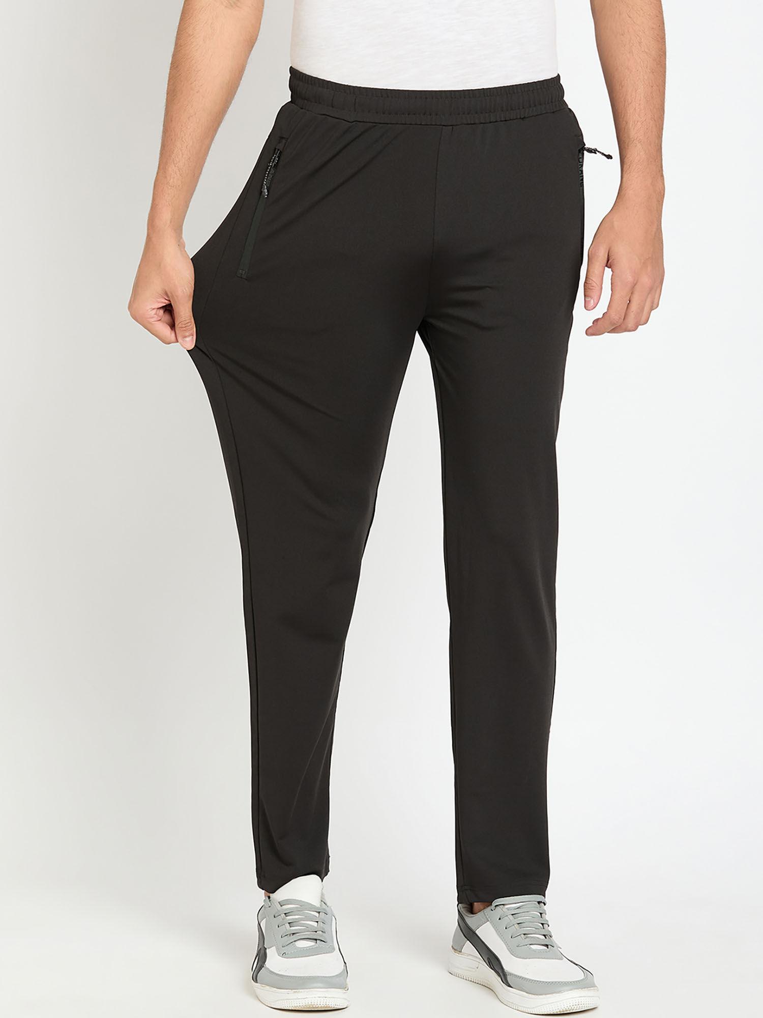 men-mid-waist-polyester-solid-black-track-pant