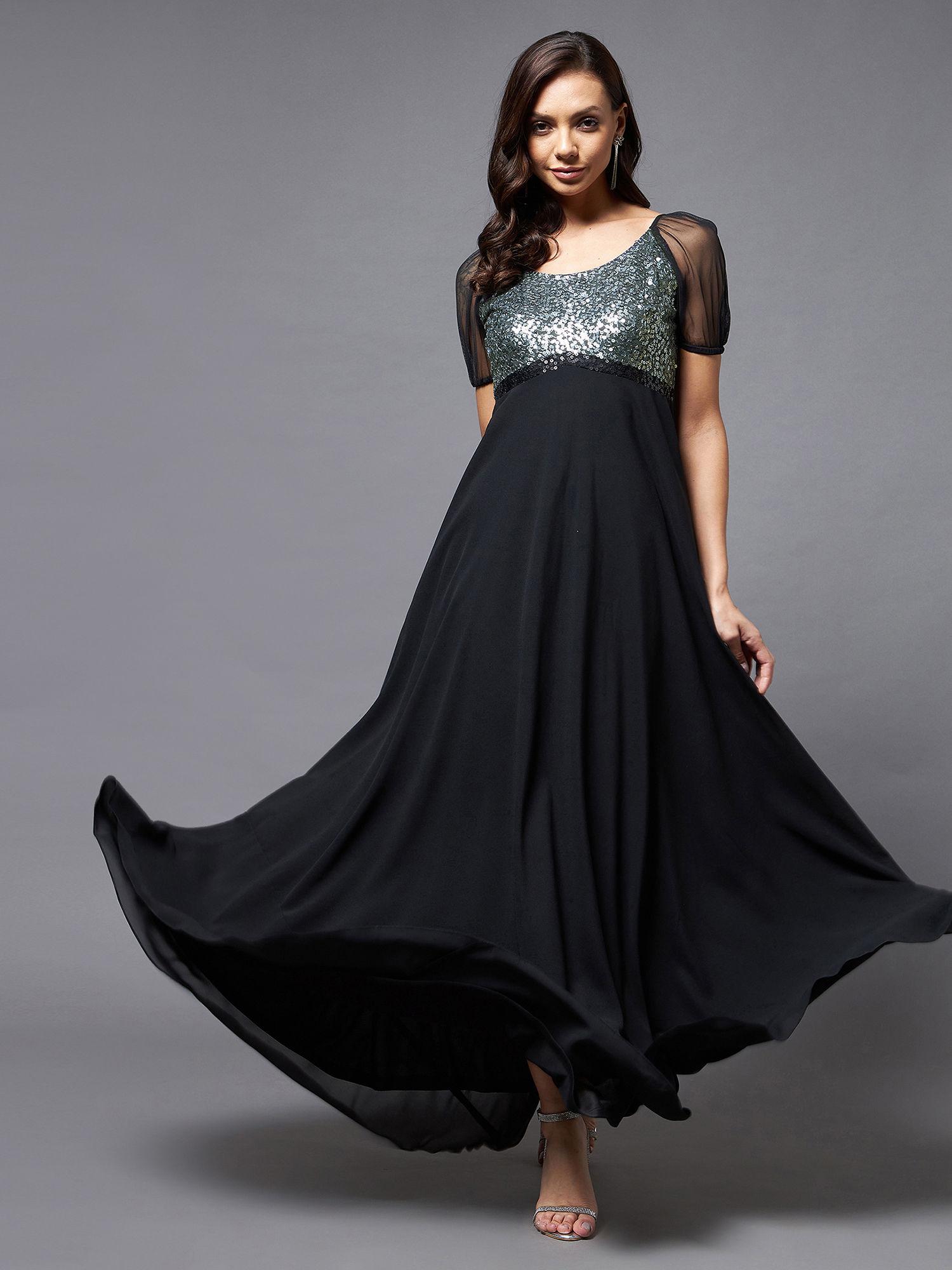 women-black-and-silver-embellished-fit-&-flare-maxi-dress