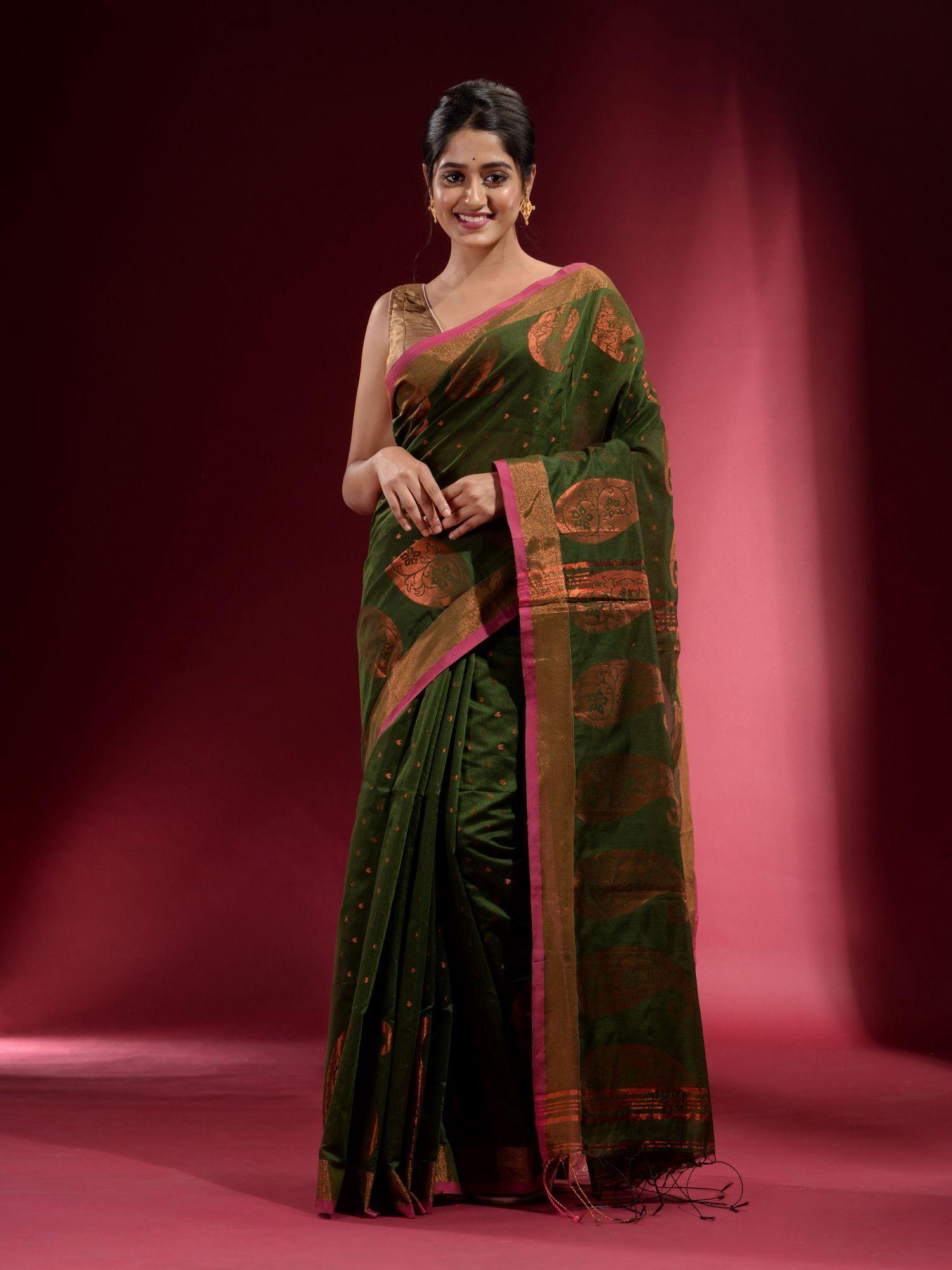 sap-green-with-zari-paisley-motif-and-floral-design-saree-with-unstitched-blouse