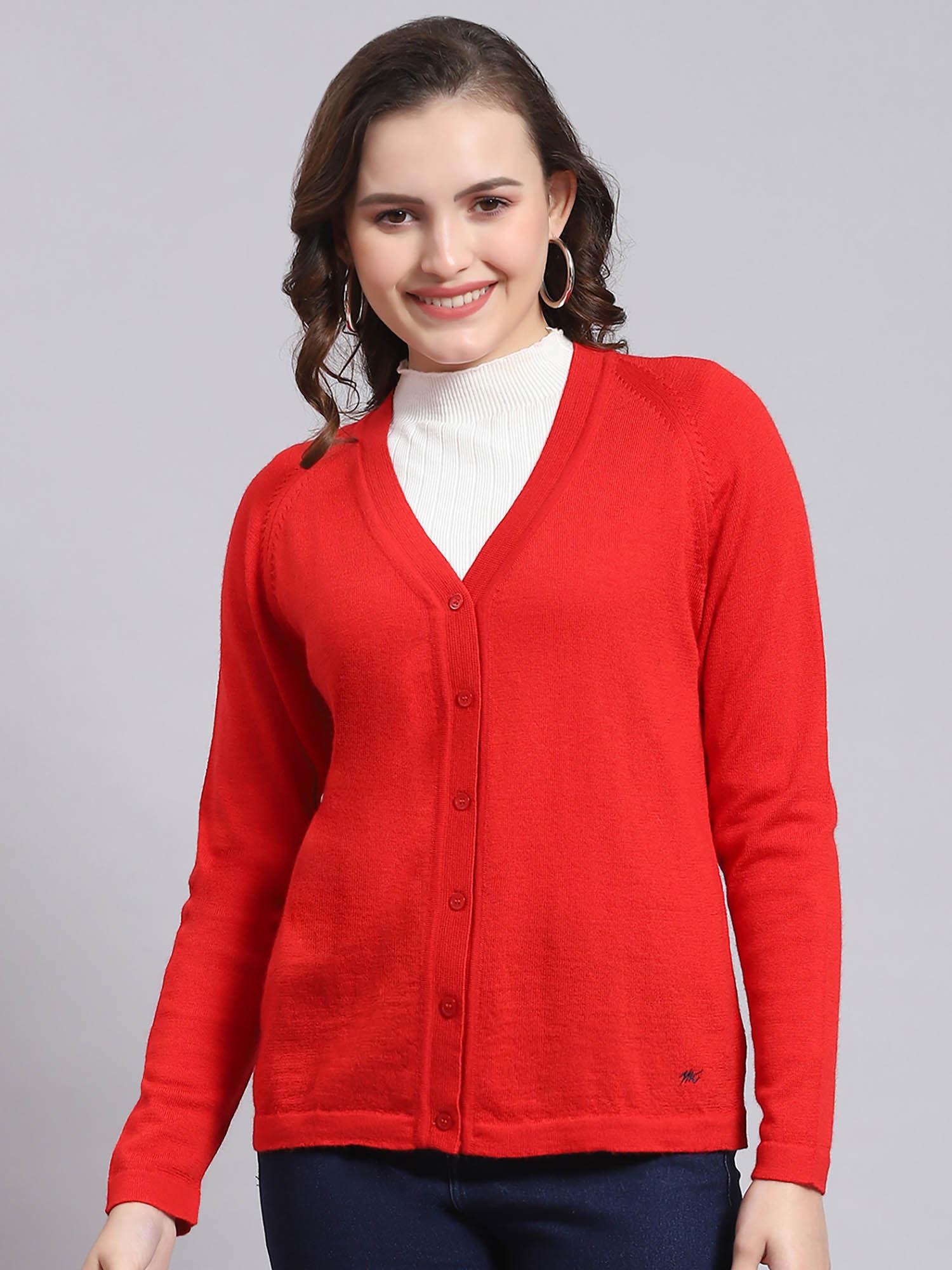 women-solid-full-sleeves-v-neck-red-cardigan