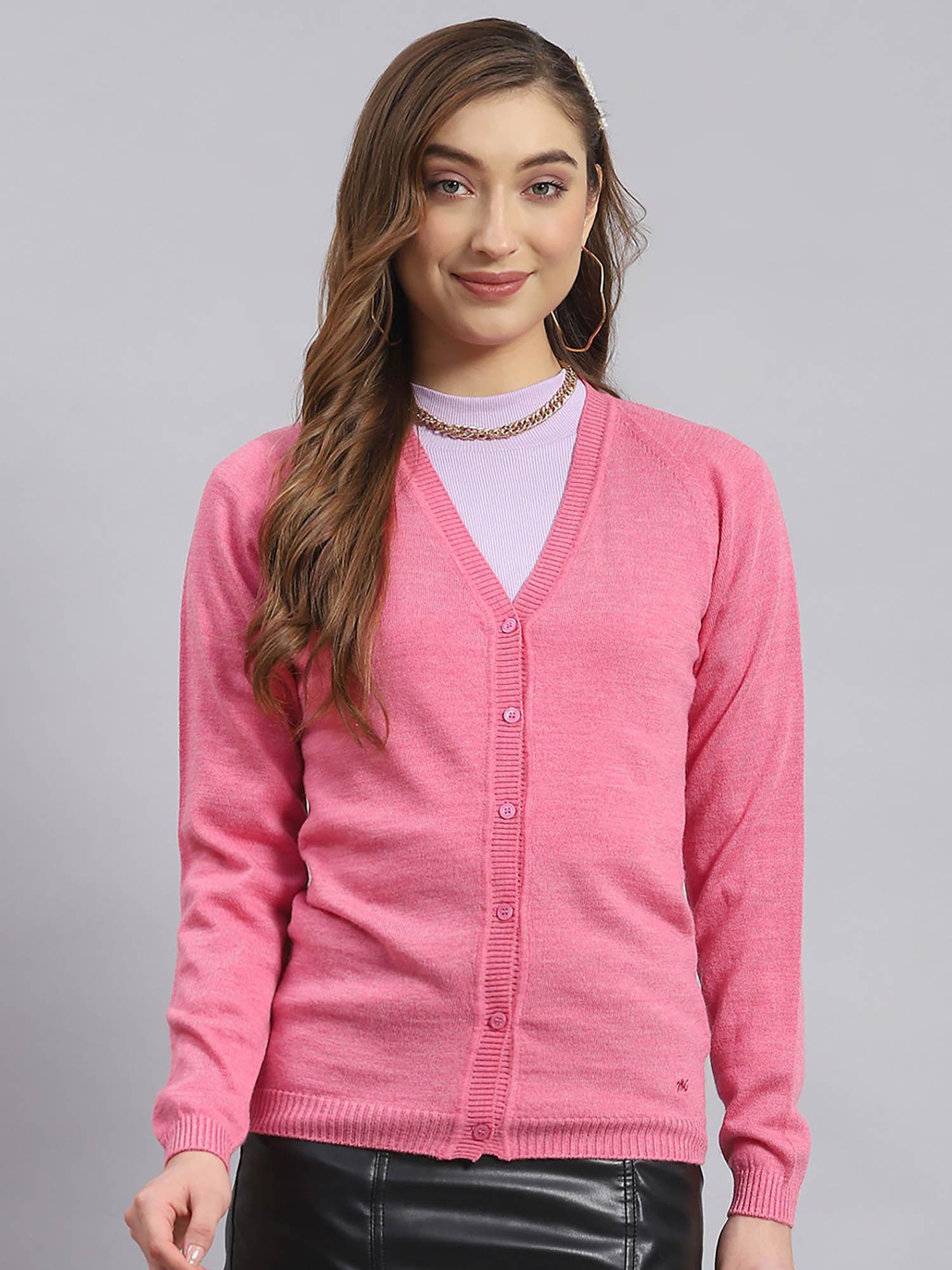 women-solid-full-sleeves-v-neck-pink-cardigan