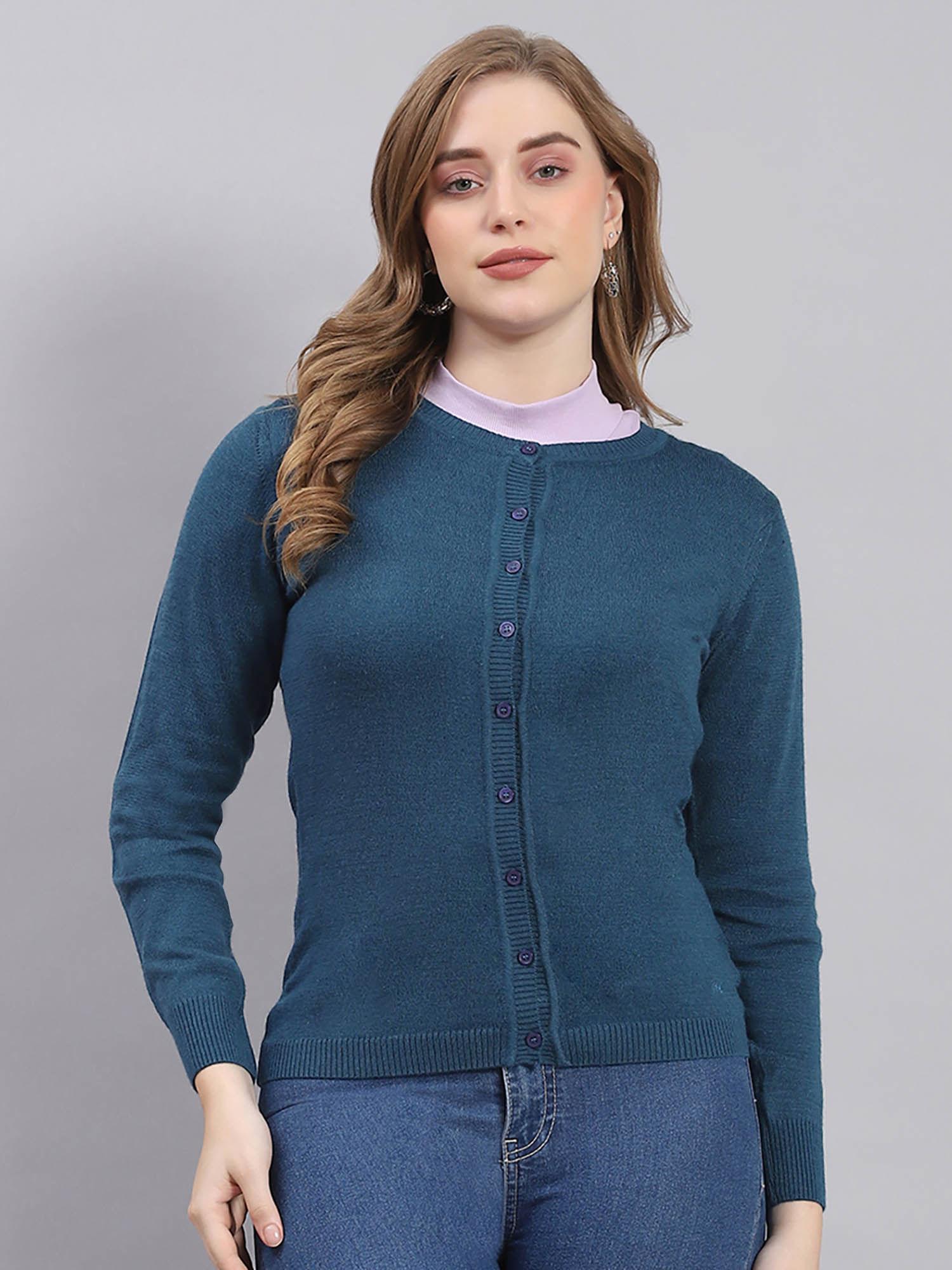 women-solid-full-sleeves-round-neck-teal-cardigan