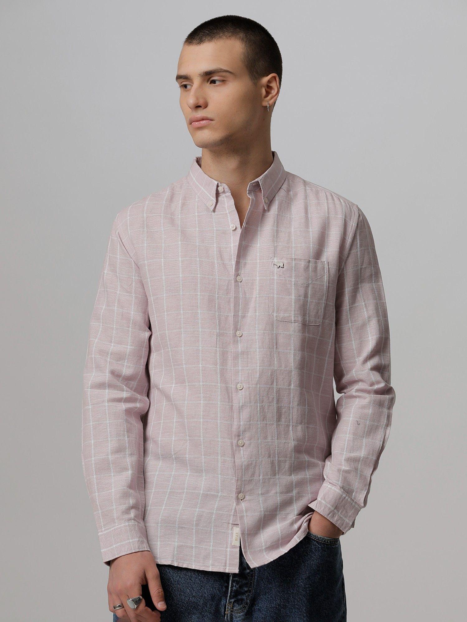 men-pink-checked-slim-fit-cotton-linen-casual-shirt