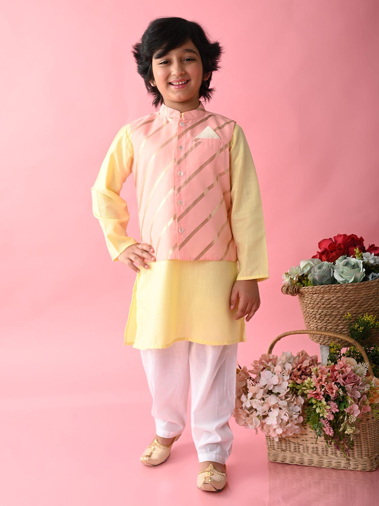 boys-stripes-kurta-&-nehru-jacket-with-pyjamas-pink-(set-of-3)