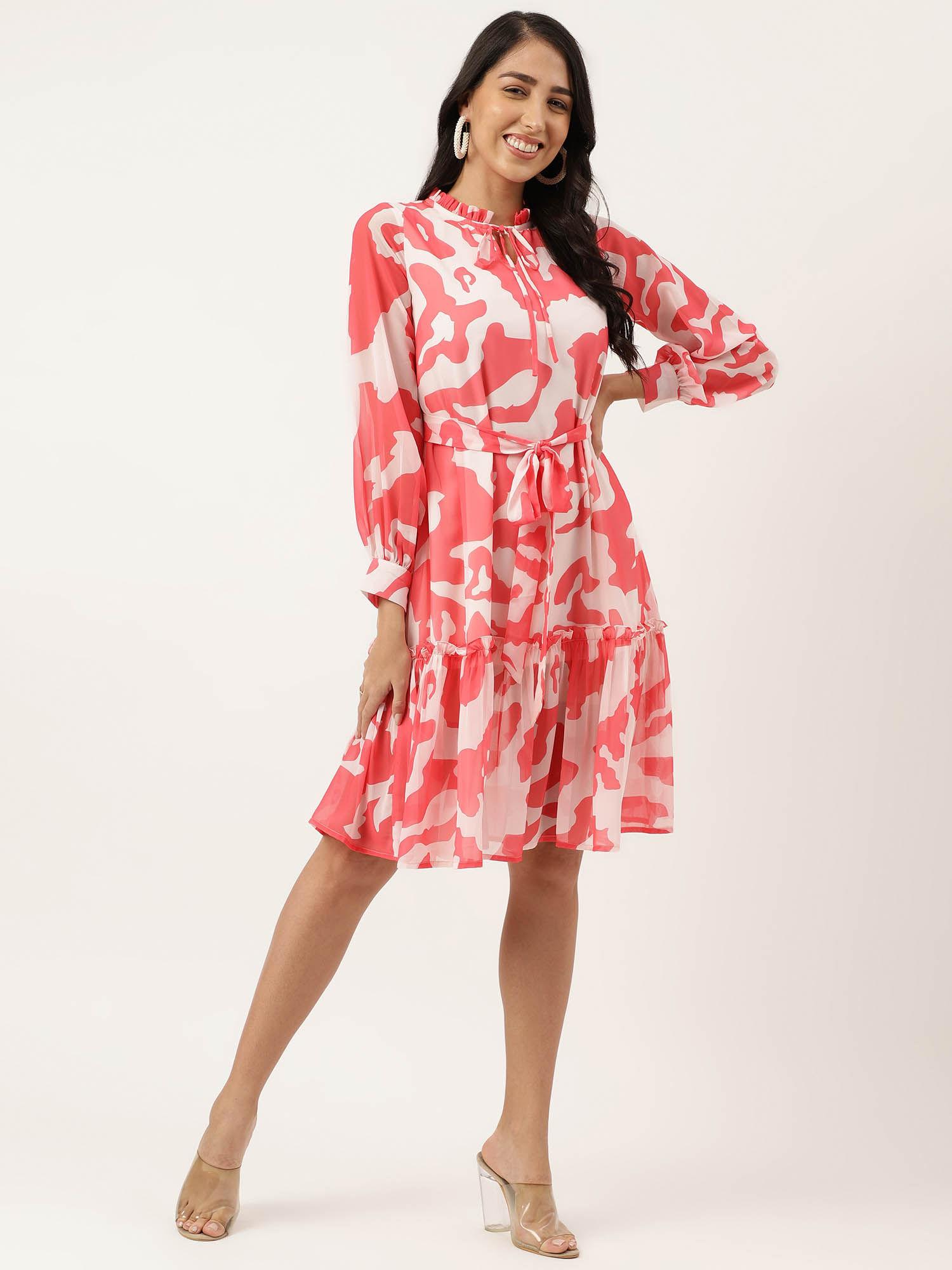womens-fit-&-flare-ruffled-neck-pink-printed-georgette-knee-dress-(set-of-2)