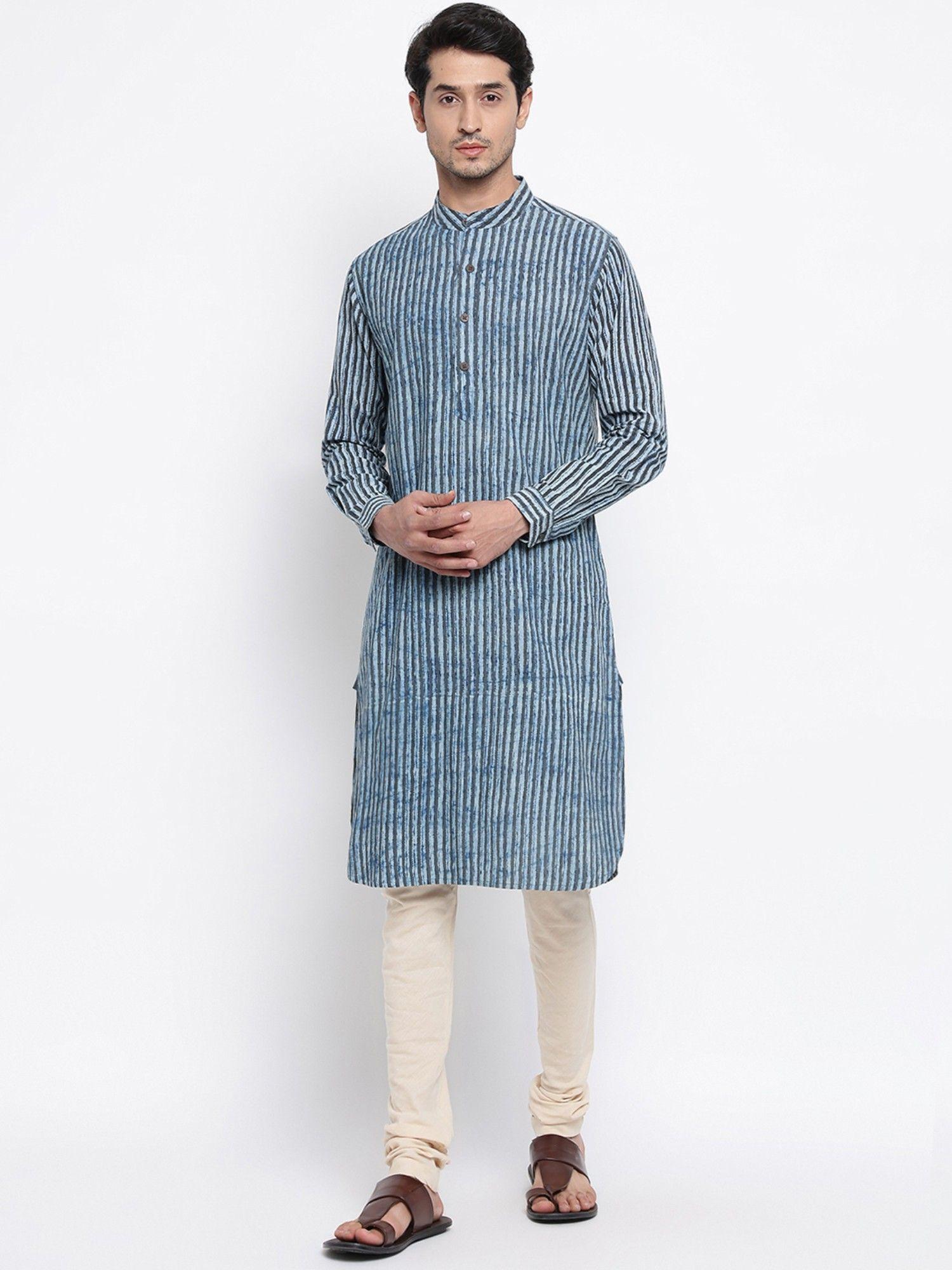 blue-chinese-collar-cotton-dabu-print-slim-fit-long-kurta