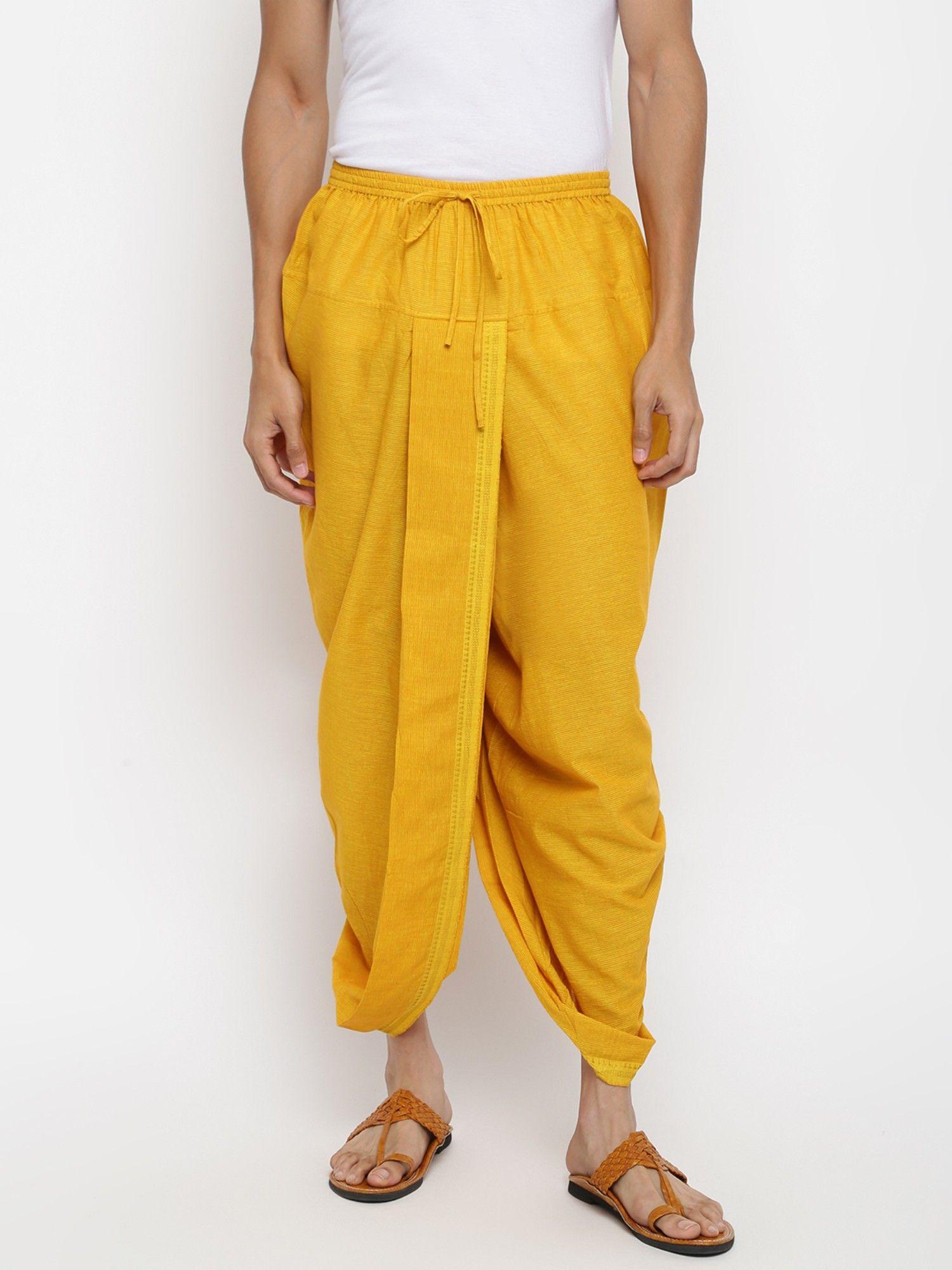 yellow-cotton-blend-striped-dhoti
