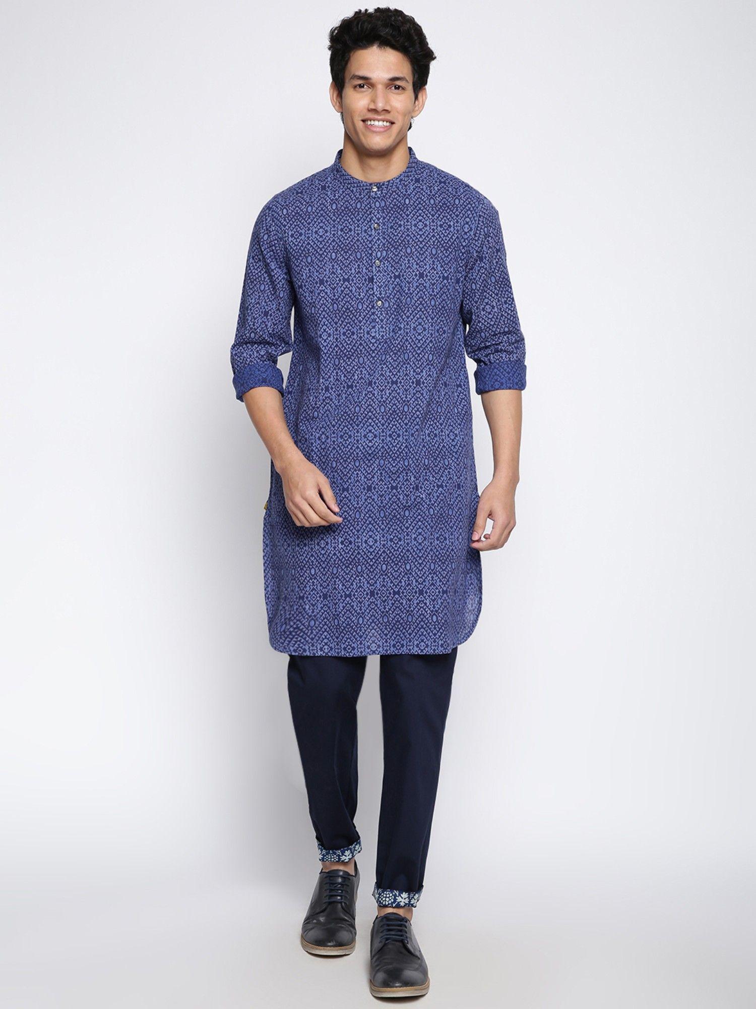 blue-cotton-slim-fit-printed-long-kurta-(set-of-2)