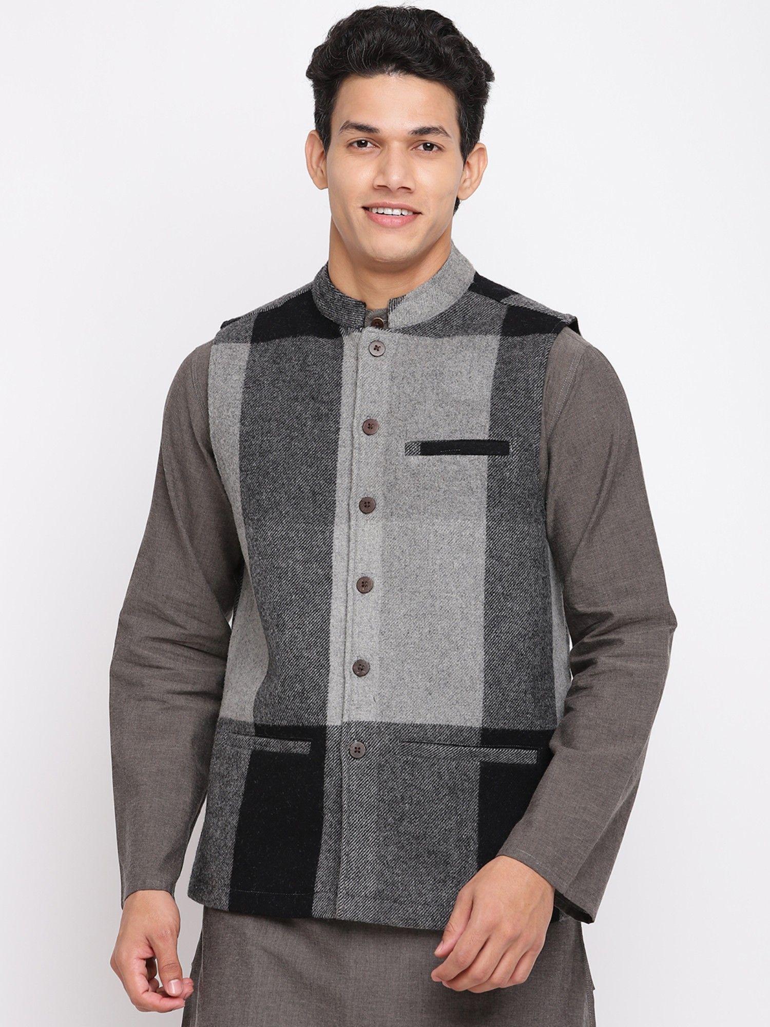 black-wool-checks-nehru-jacket