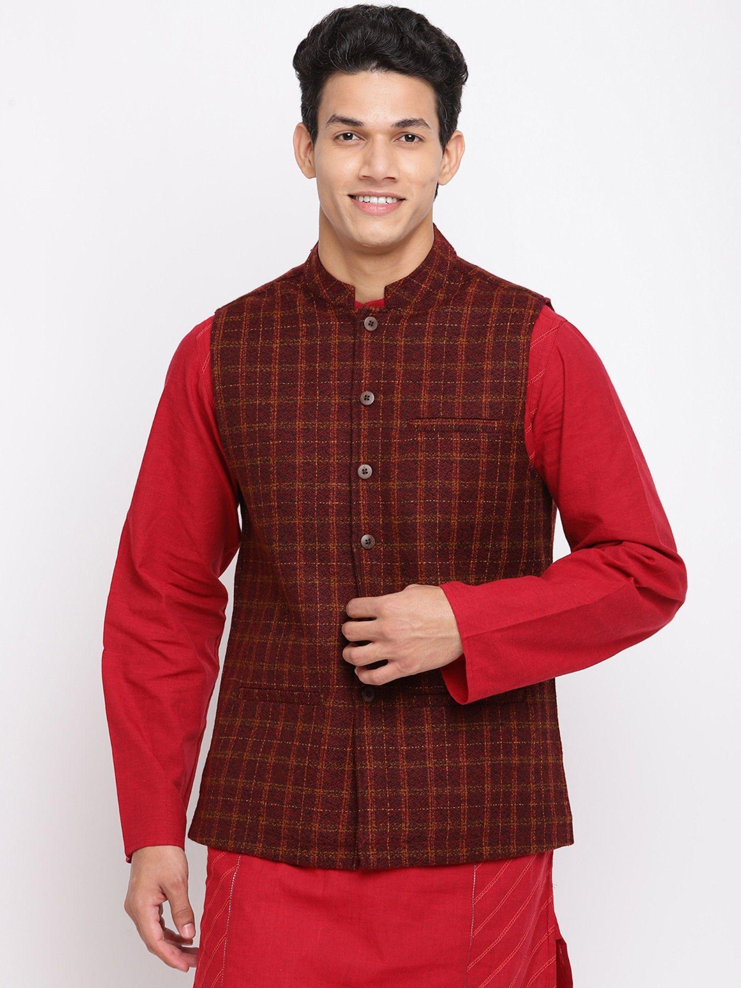 red-wool-checks-nehru-jacket