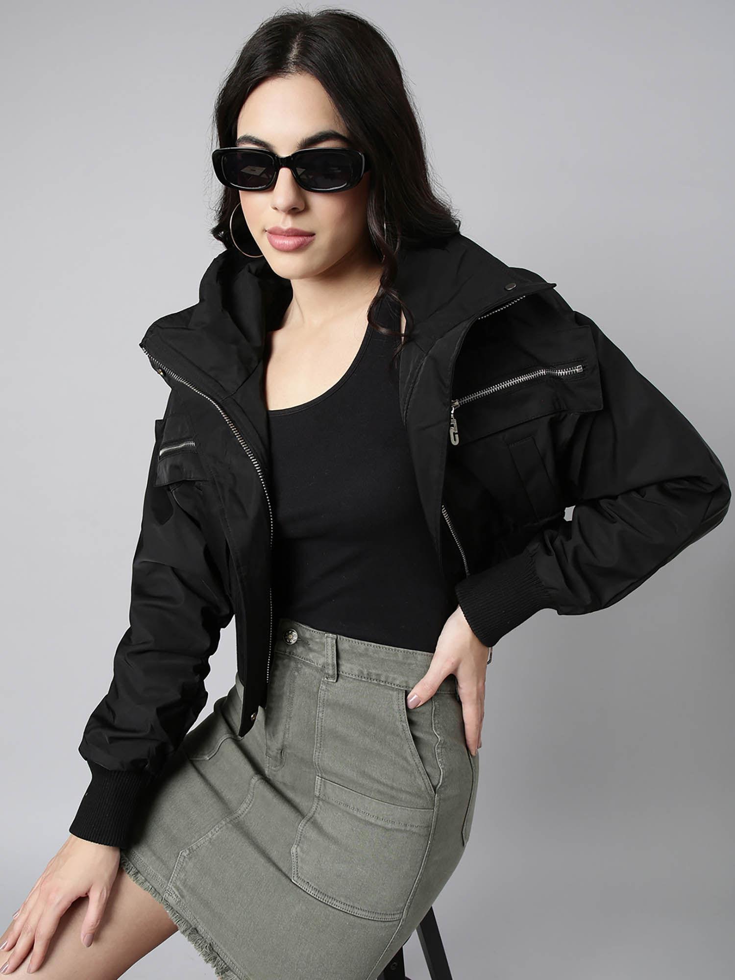 womens-spread-collar-solid-black-crop-oversized-drop-shoulder-bomber-jacket