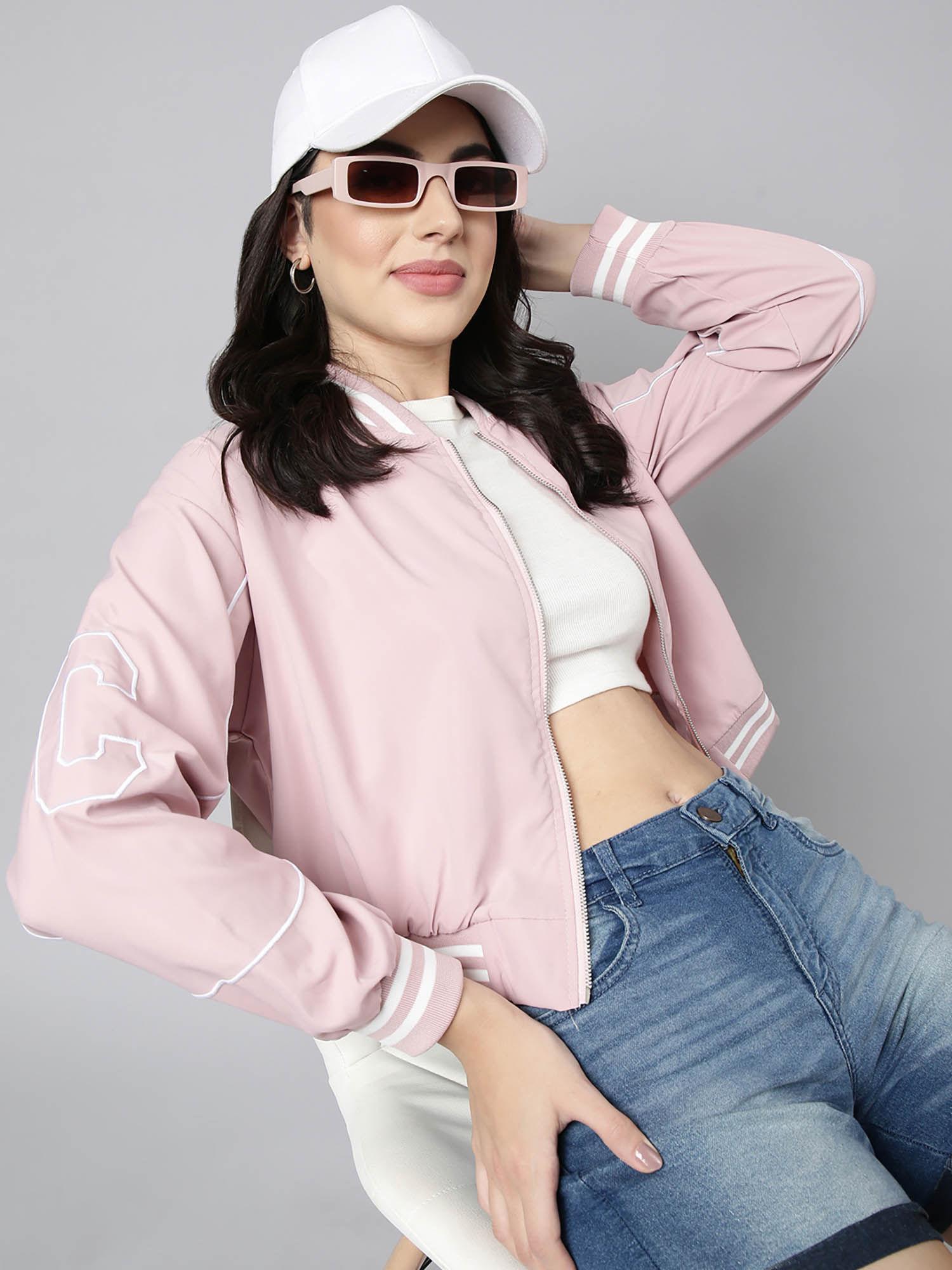 womens-solid-pink-crop-drop-shoulder-bomber-jacket