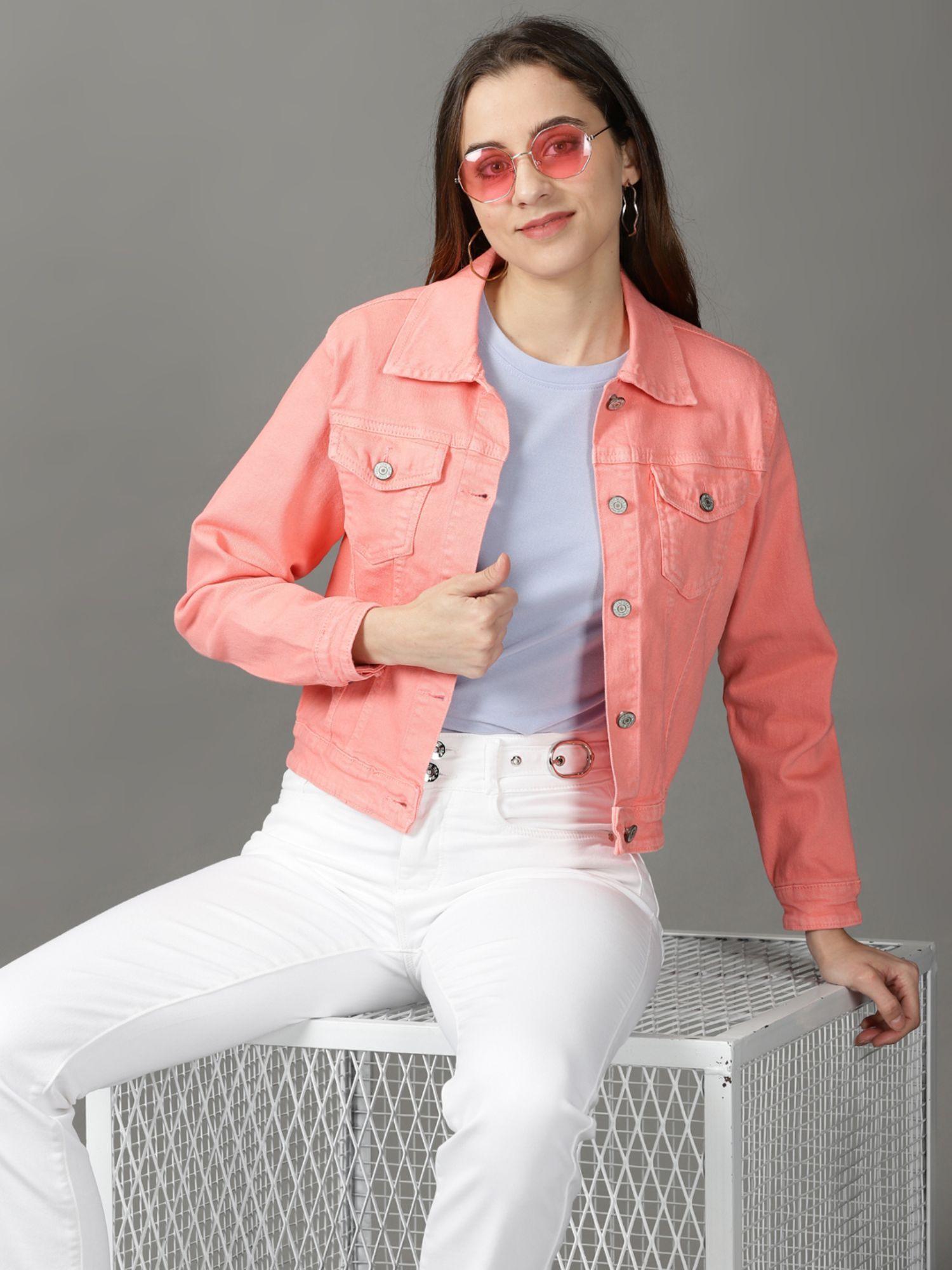 women's-spread-collar-solid-coral-open-front-jacket