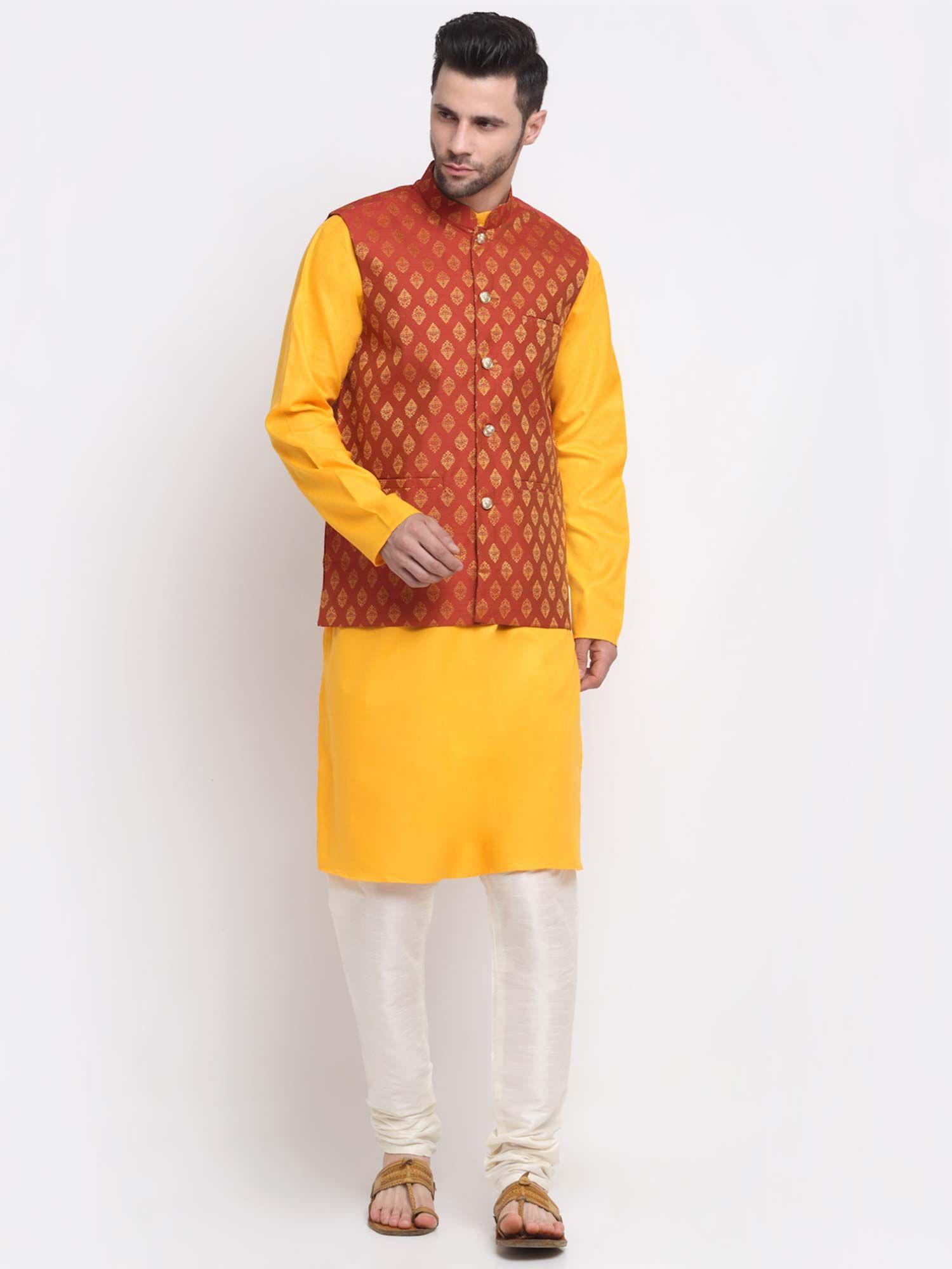 men-maroon-&-yellow-jacquard-dupion-silk-nehru-jacket-and-kurta-pajama-(set-of-3)
