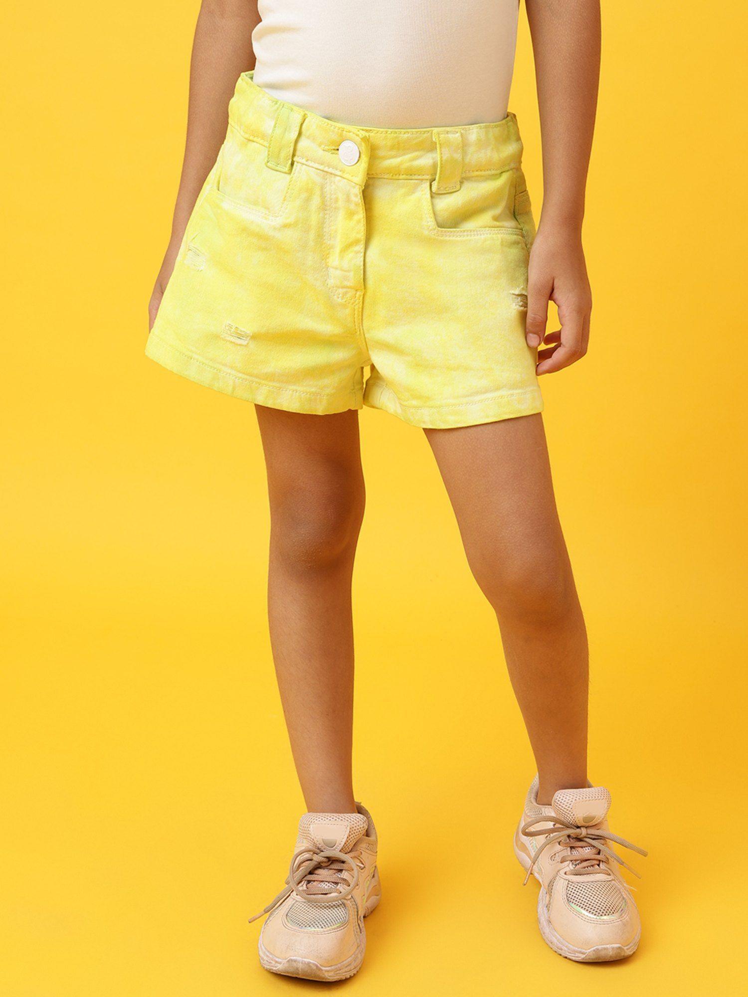 girls-yellow-neon-lycra-regular-fit-washed-shorts